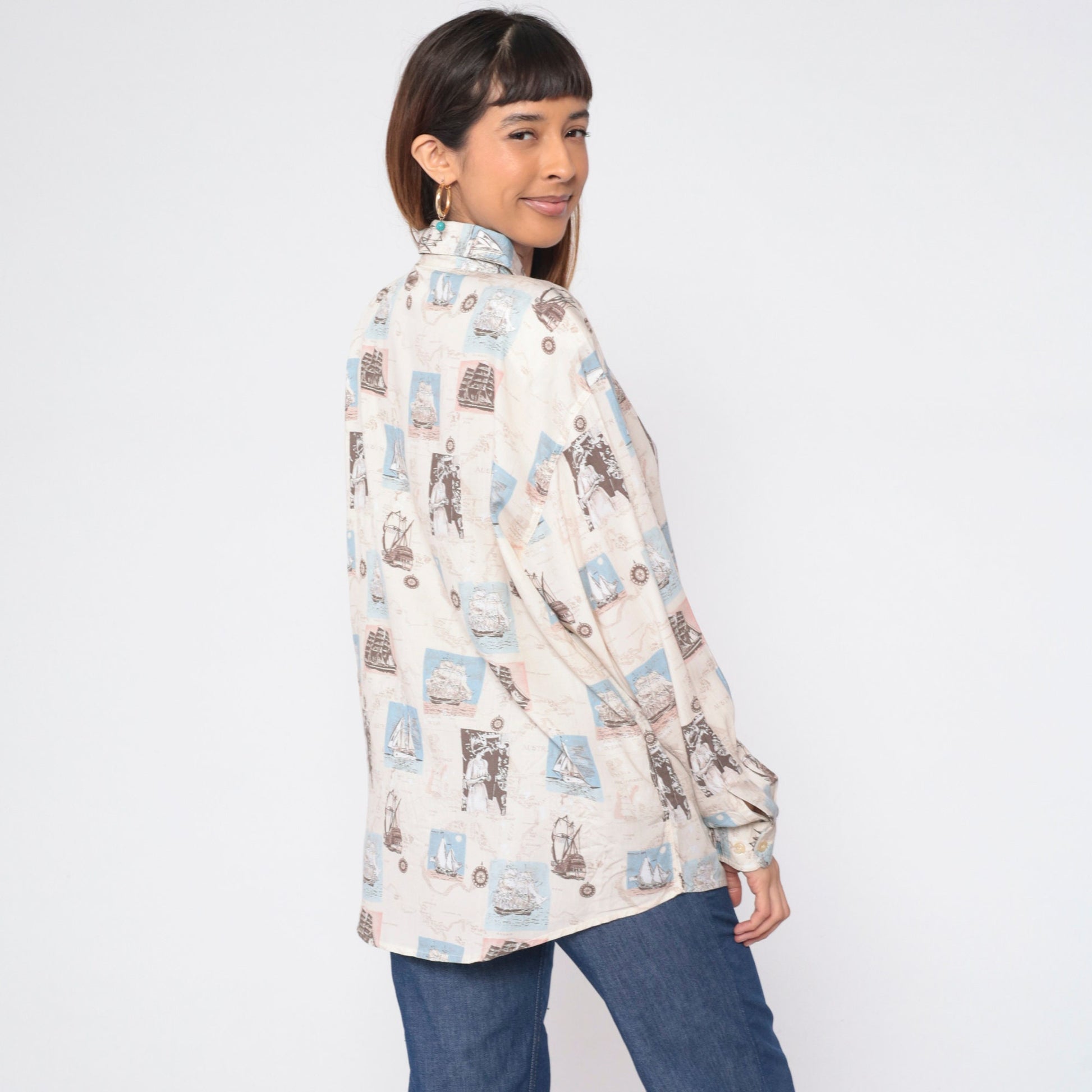 90s Bill Blass Nautical Print Button-Up Blouse Sailboat Compass Long Sleeve Large