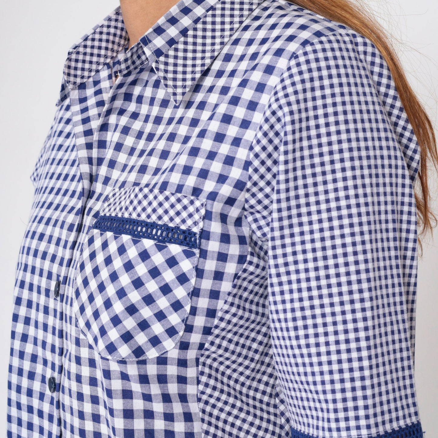 90s Blue White Gingham Button-Up Blouse Half Sleeve Collared Shirt Medium