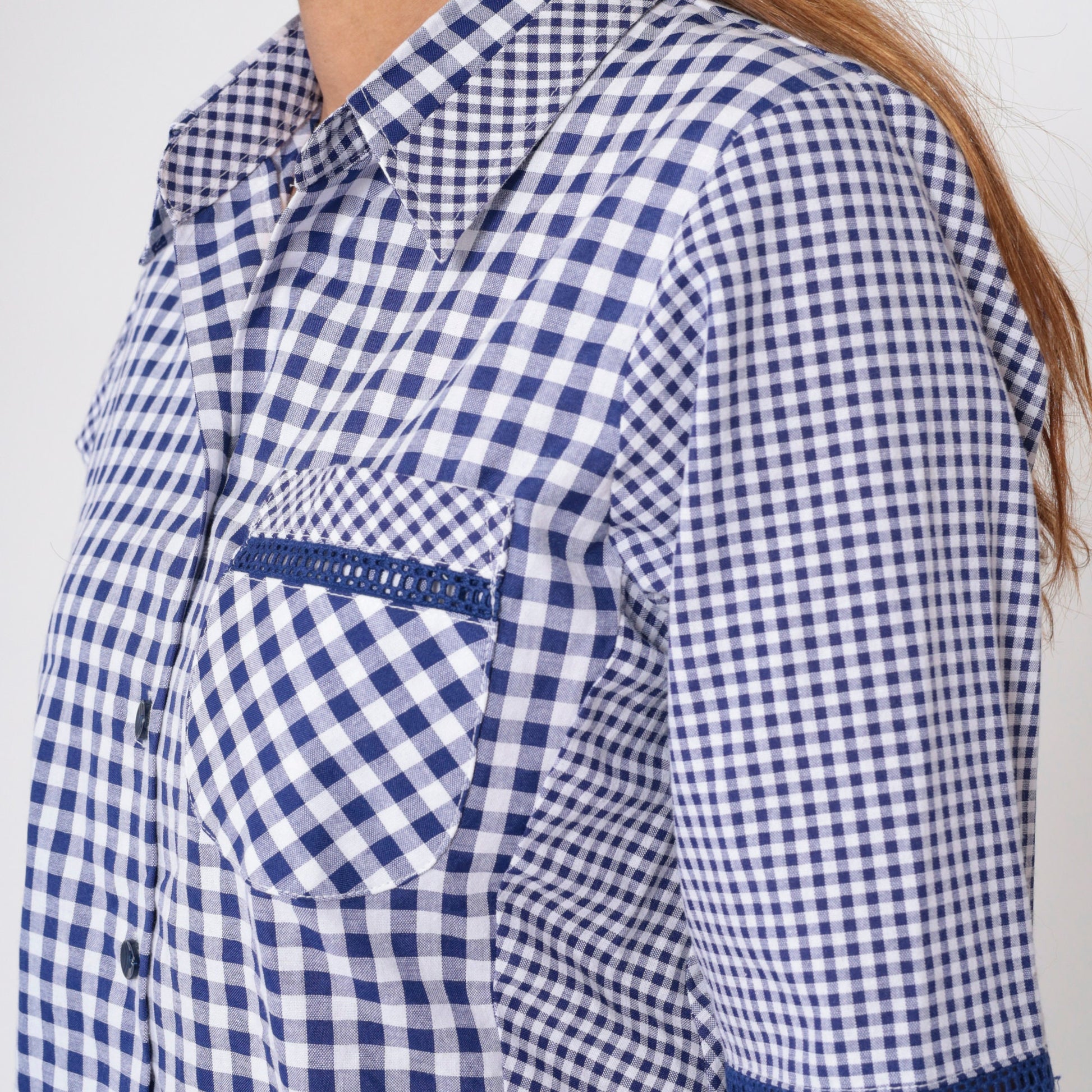 90s Blue White Gingham Button-Up Blouse Half Sleeve Collared Shirt Medium