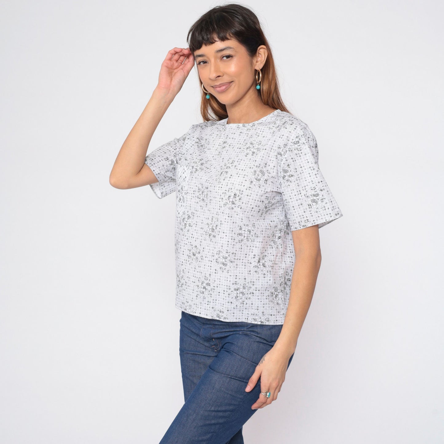 90s Checkered Paisley White T-Shirt Pocket Tee Short Sleeve Medium M