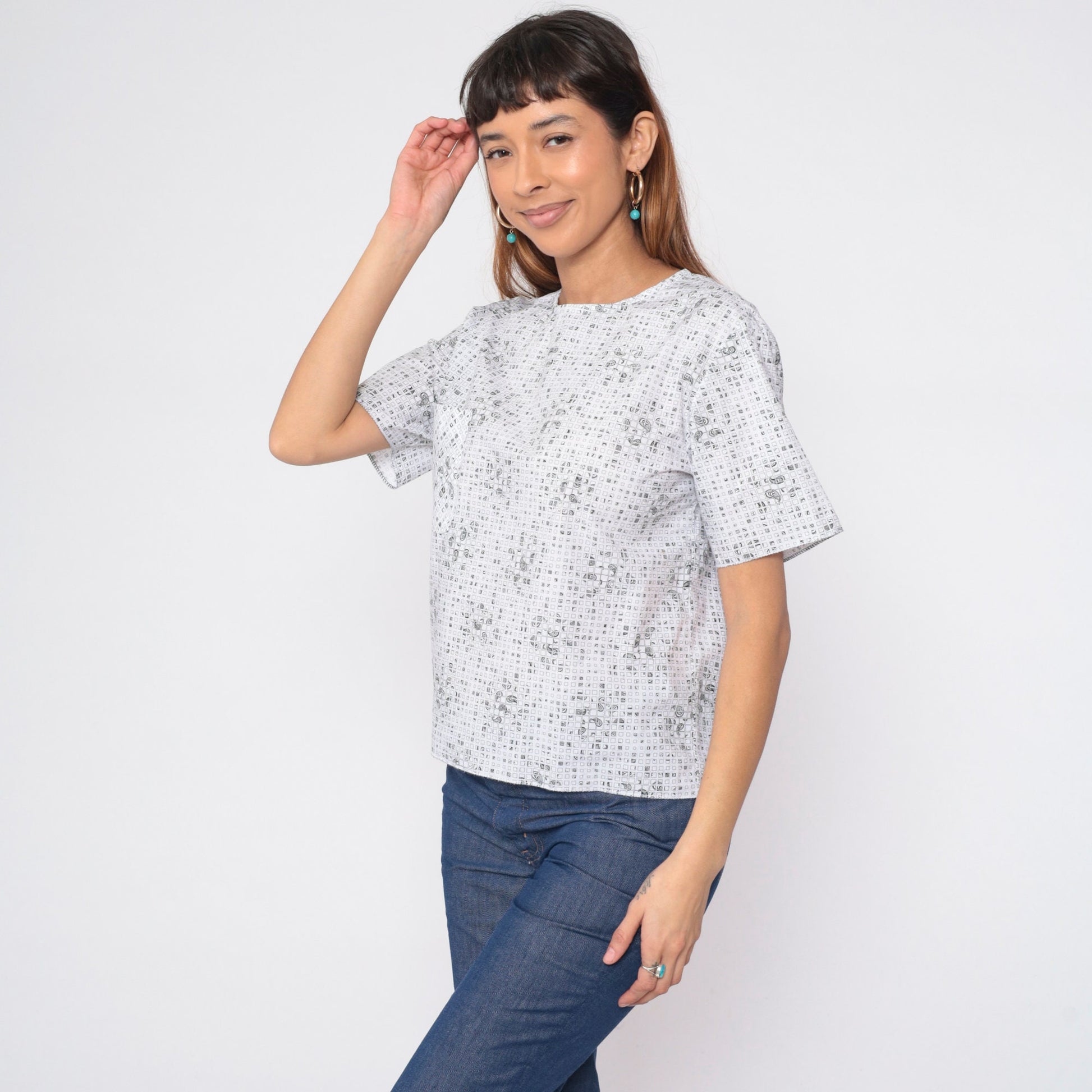 90s Checkered Paisley White T-Shirt Pocket Tee Short Sleeve Medium M