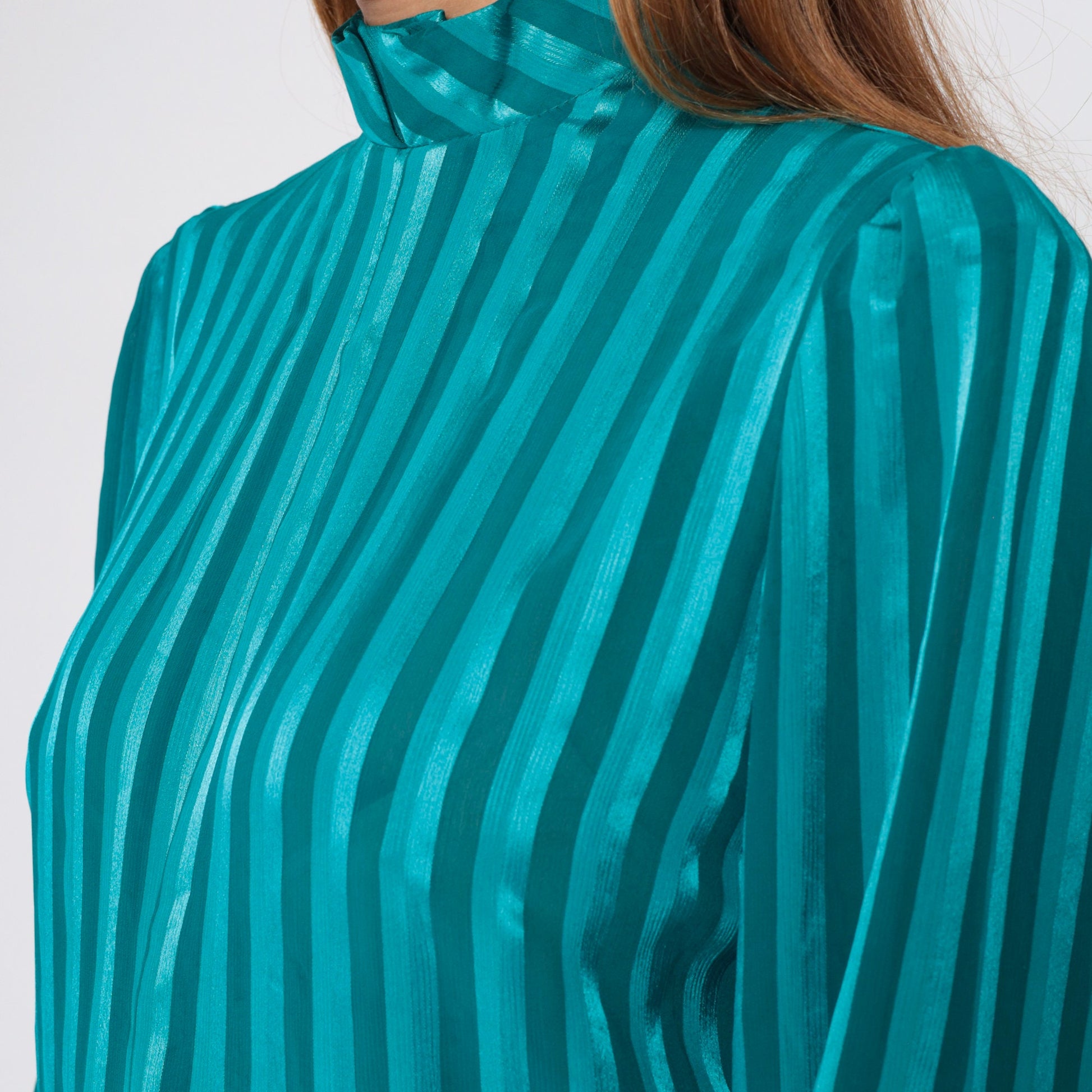 90s Lillian Lawrence Striped Blouse Teal Puff Sleeve Mock Neck Medium M
