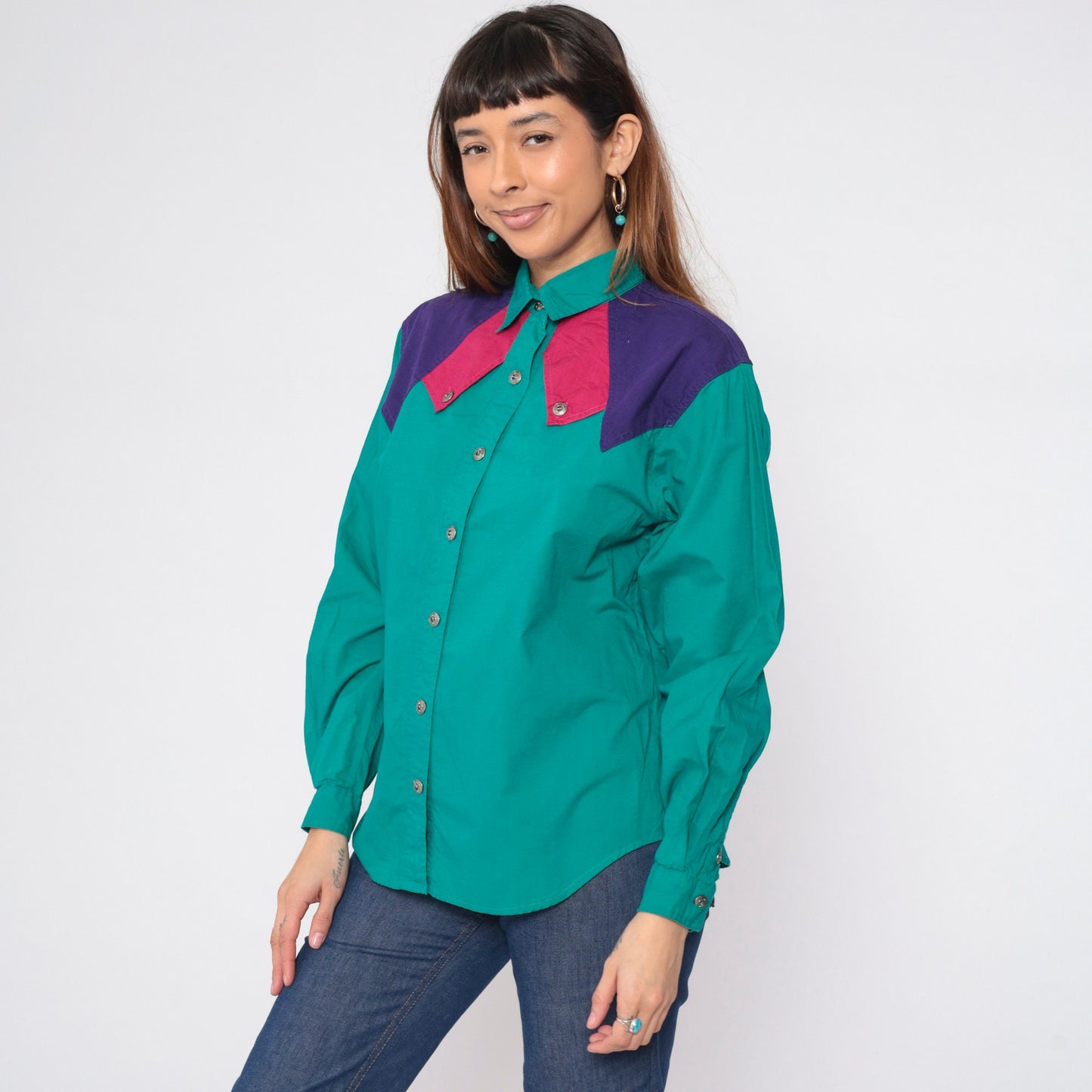 90s Dakota Rodeo Western Blouse Teal Colorblock Yoke Capelet Medium