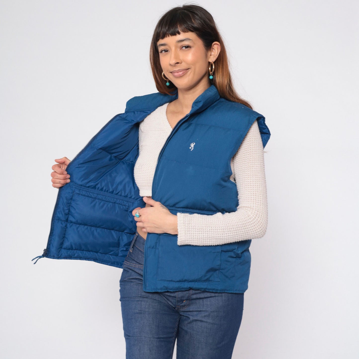 80s Browning Navy Puffer Vest Down Fill Zip Sleeveless Medium