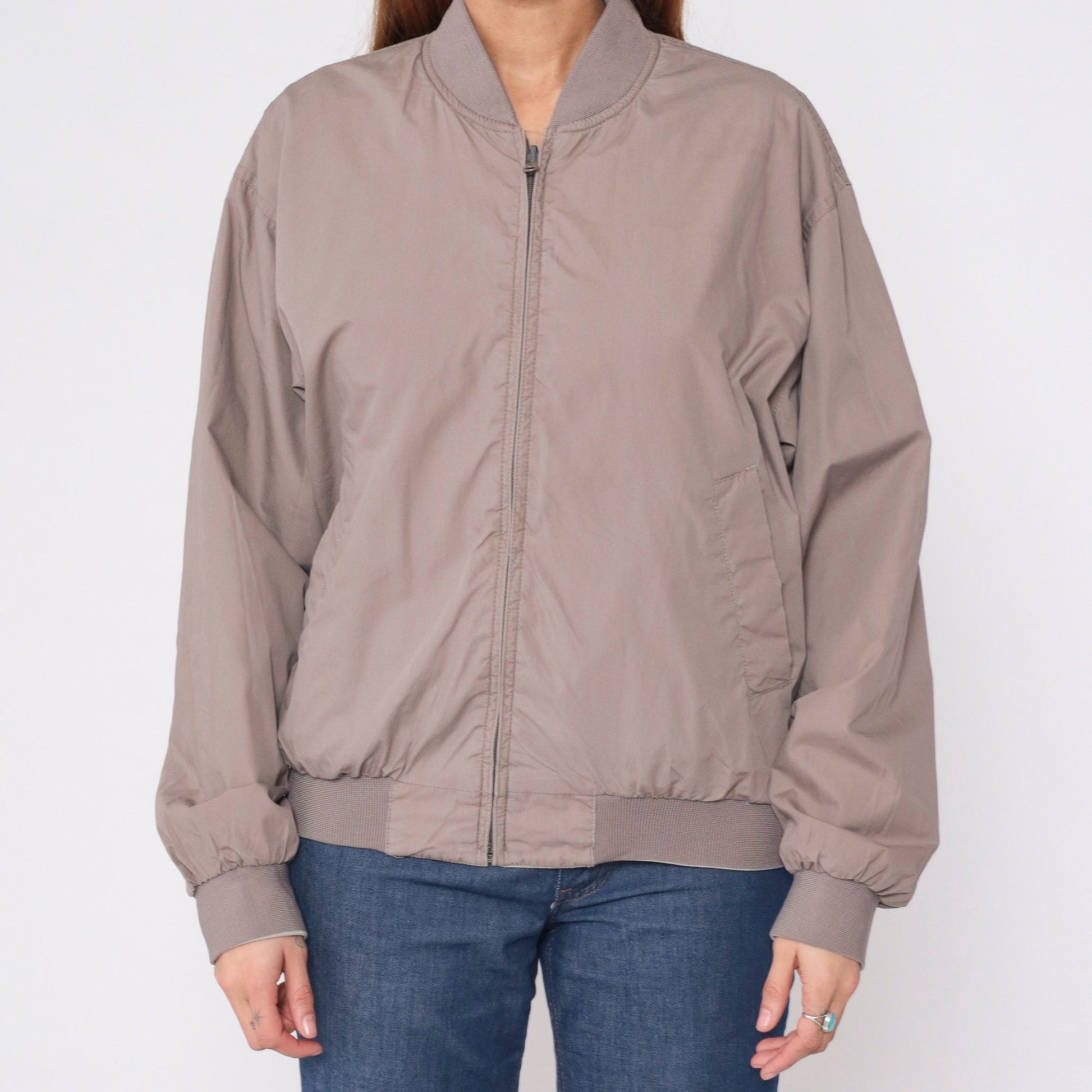 80s Members Only Reversible Windbreaker Jacket Taupe Grey Striped Medium
