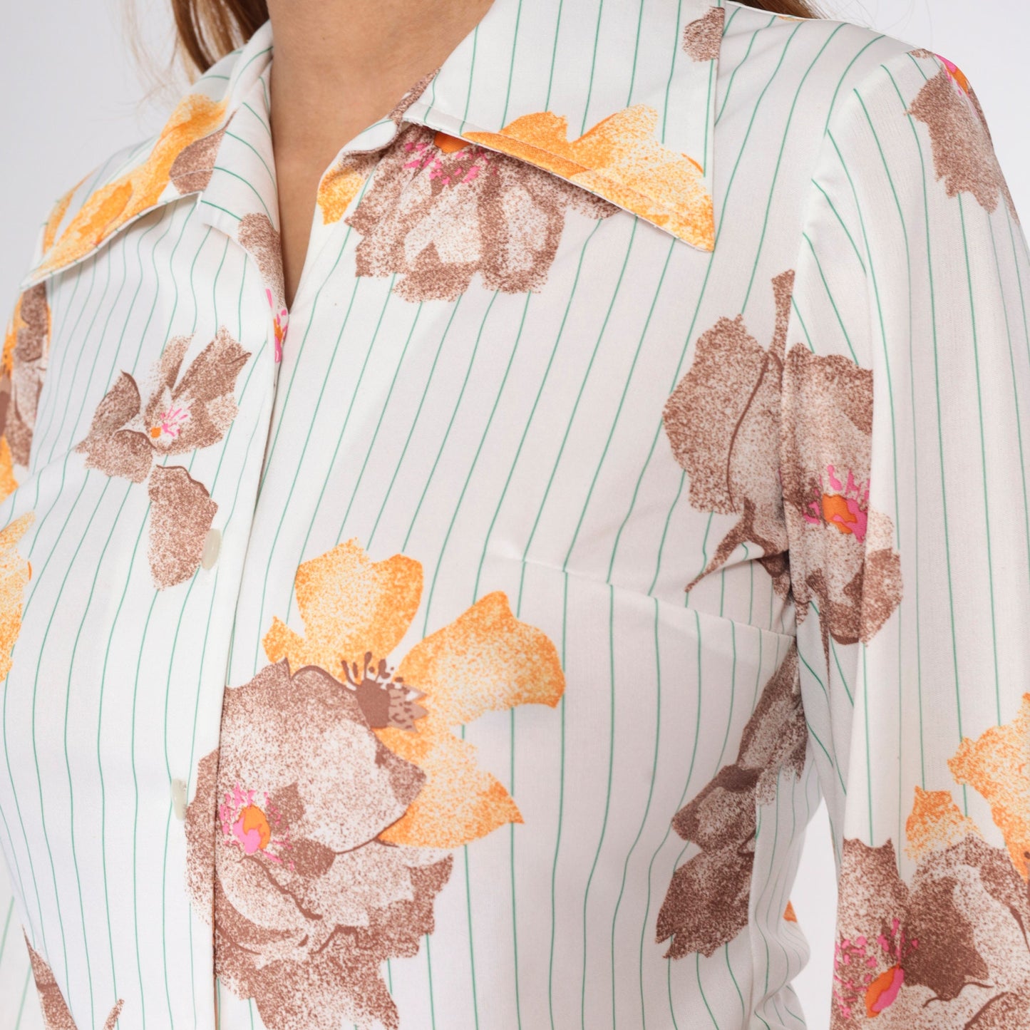 70s Striped Floral White Button-Up Blouse Pointed Collar Long Sleeve Small
