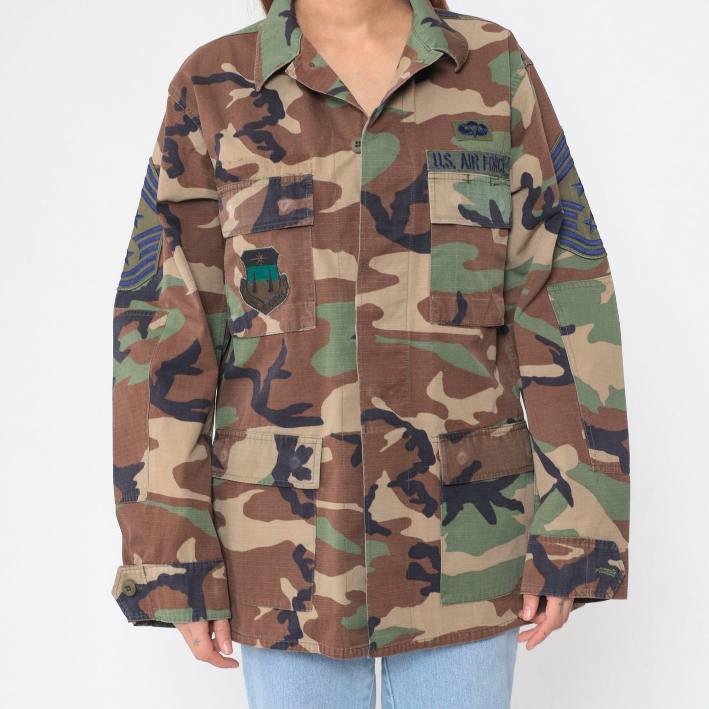 1980s US Air Force Camouflage Jacket Cargo Pockets Button Up Medium Long