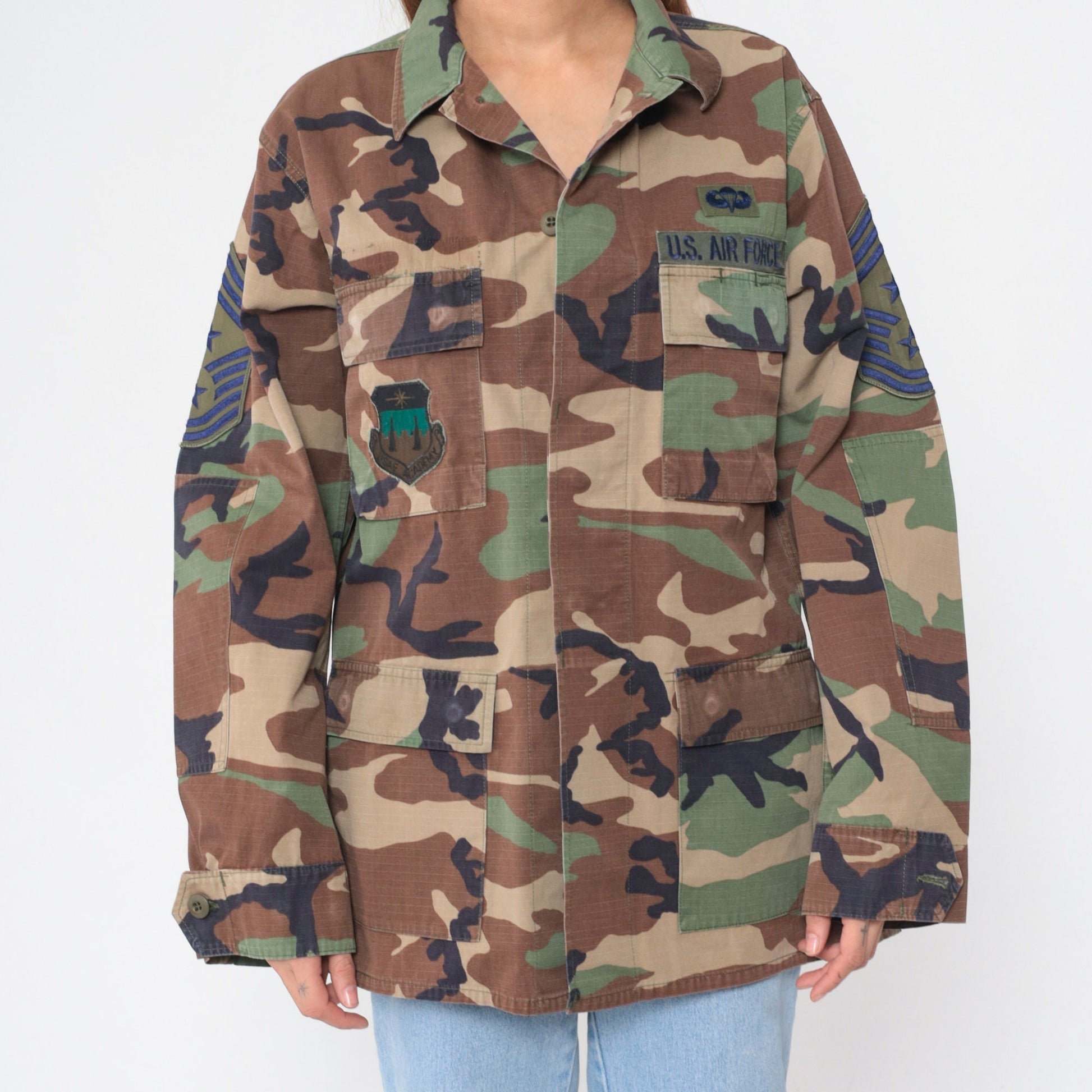 1980s US Air Force Camouflage Jacket Cargo Pockets Button Up Medium Long