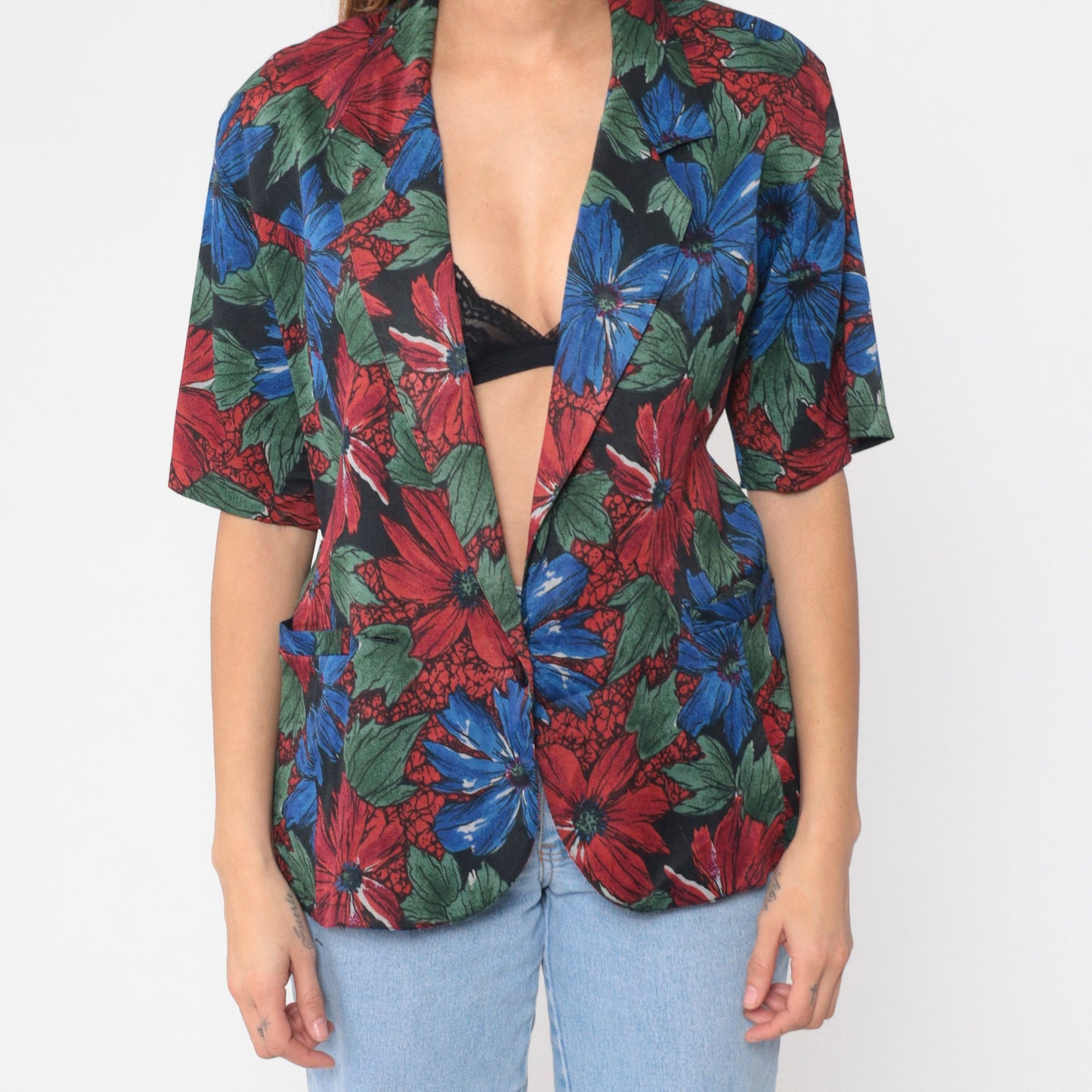 90s Floral Print Button-Up Blouse Deep V-Neck Short Sleeve Medium