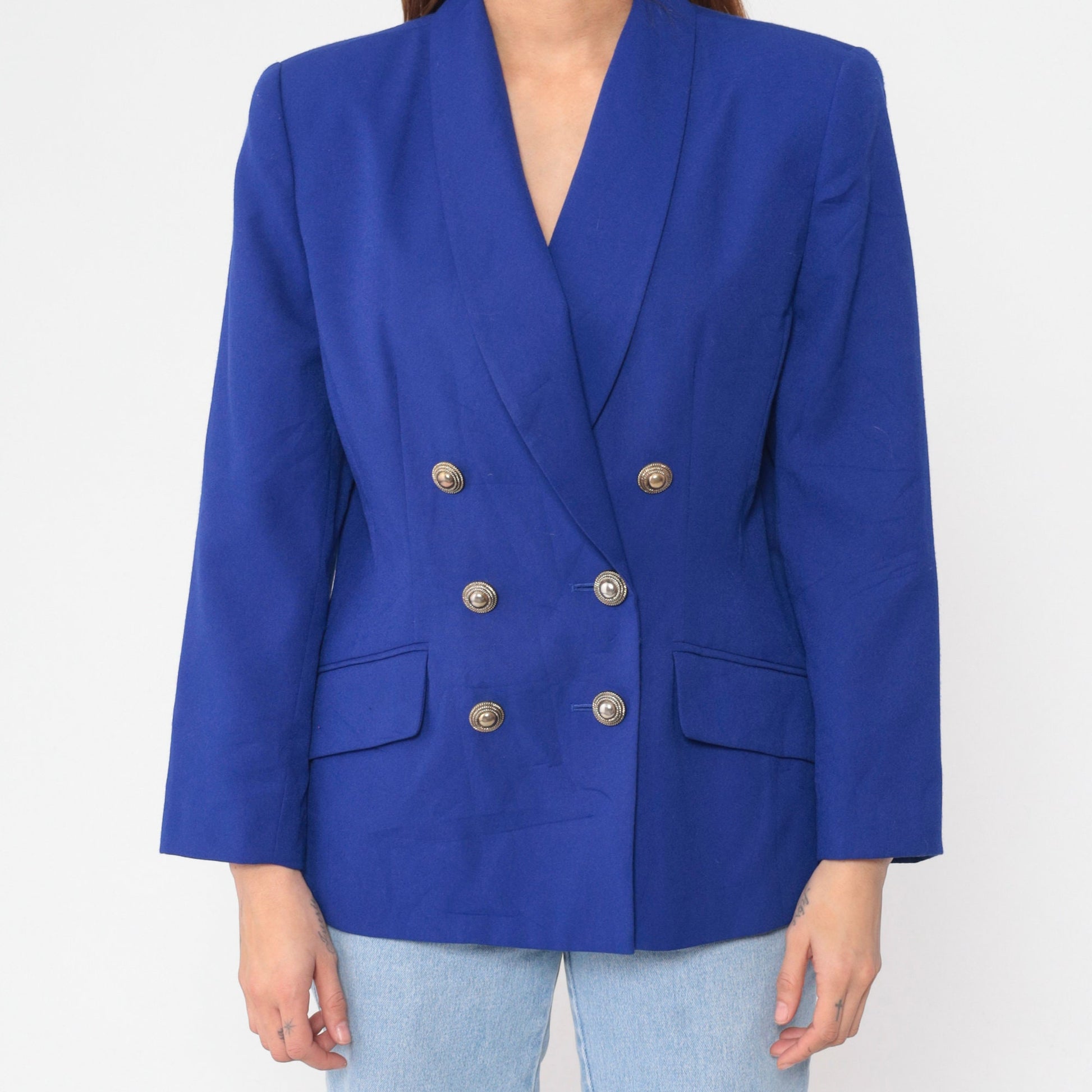 00s Royal Blue Double Breasted Blazer V Neck Tailored Jacket Large 14
