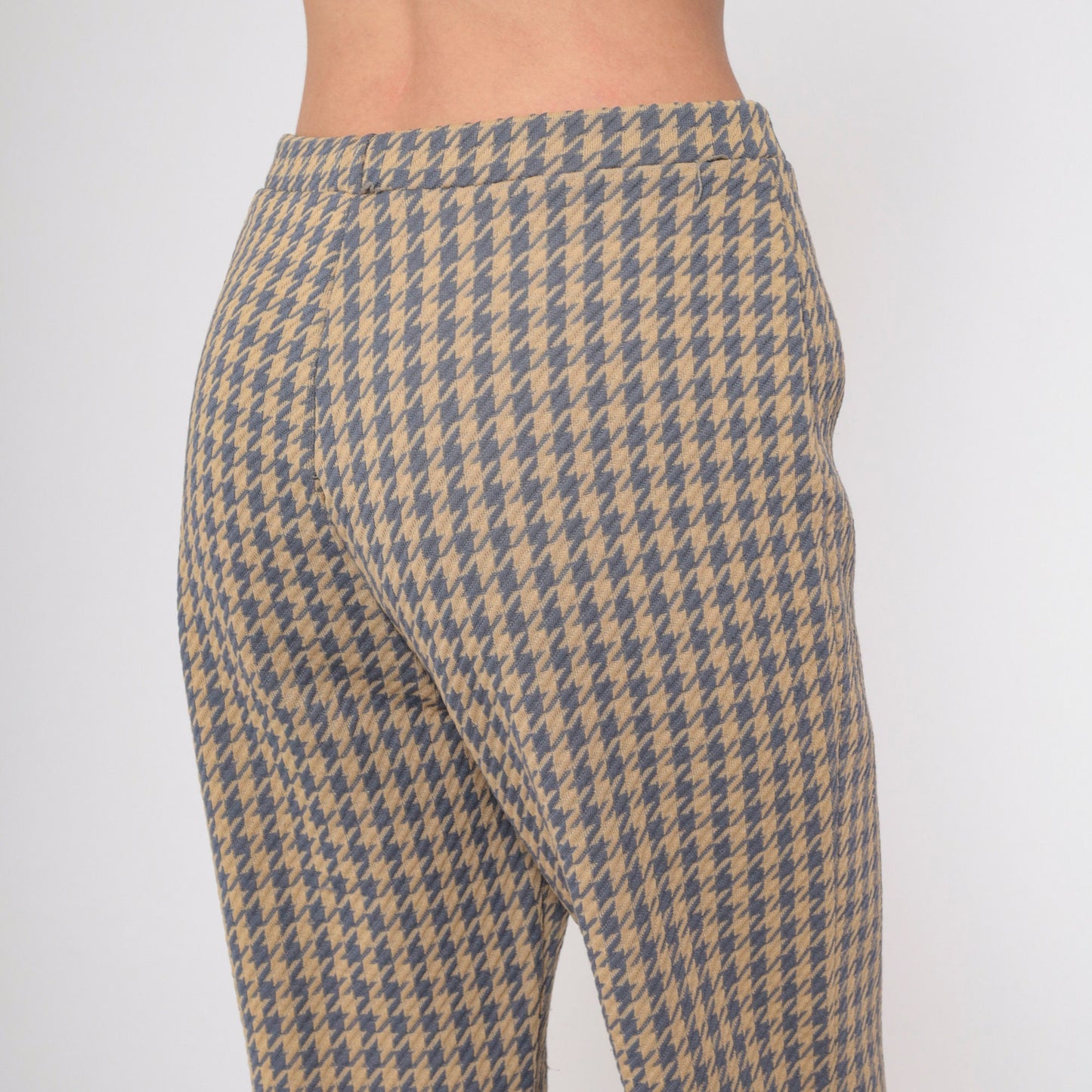 70s Houndstooth Flared Trousers High Waist Grey Tan Checkered Small Medium