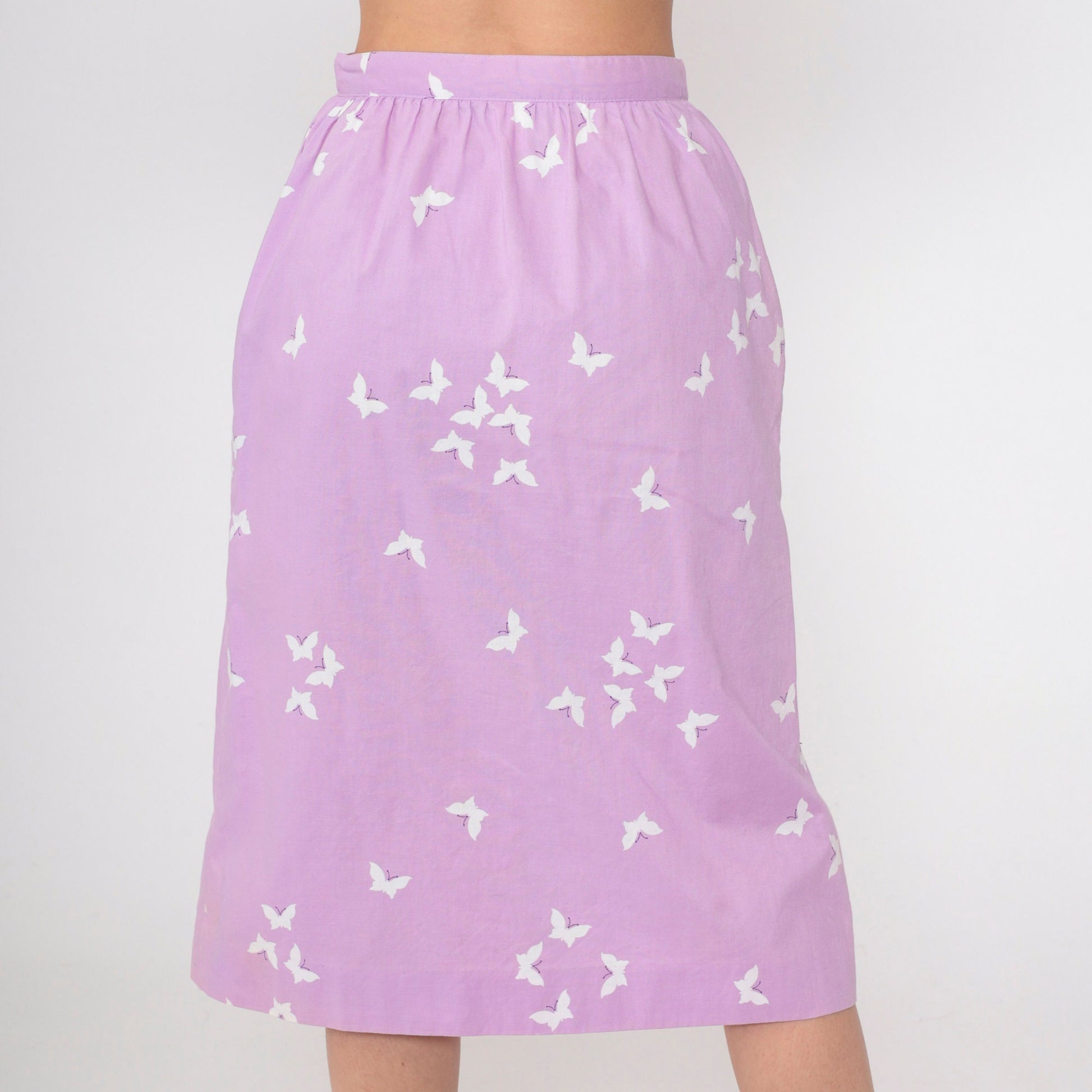 70s Lavender Butterfly Button Skirt High Waist Pintucked Midi Small
