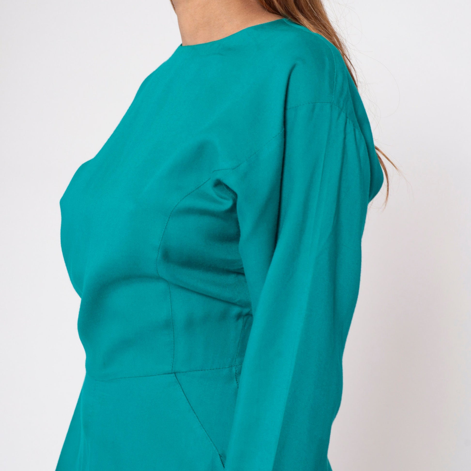 90s Teal Green Rayon Dress Button Back Batwing Sleeve Ankle Length Small