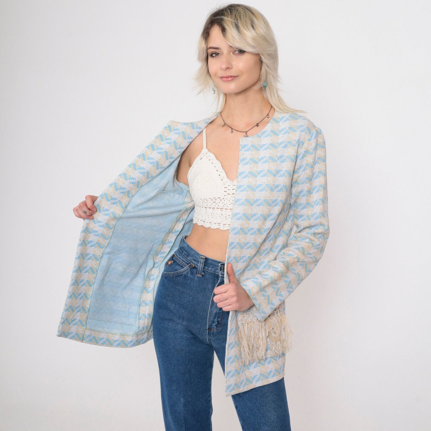 70s Nardis of Dallas Baby Blue Checkered Chevron Open Front Jacket Small Medium