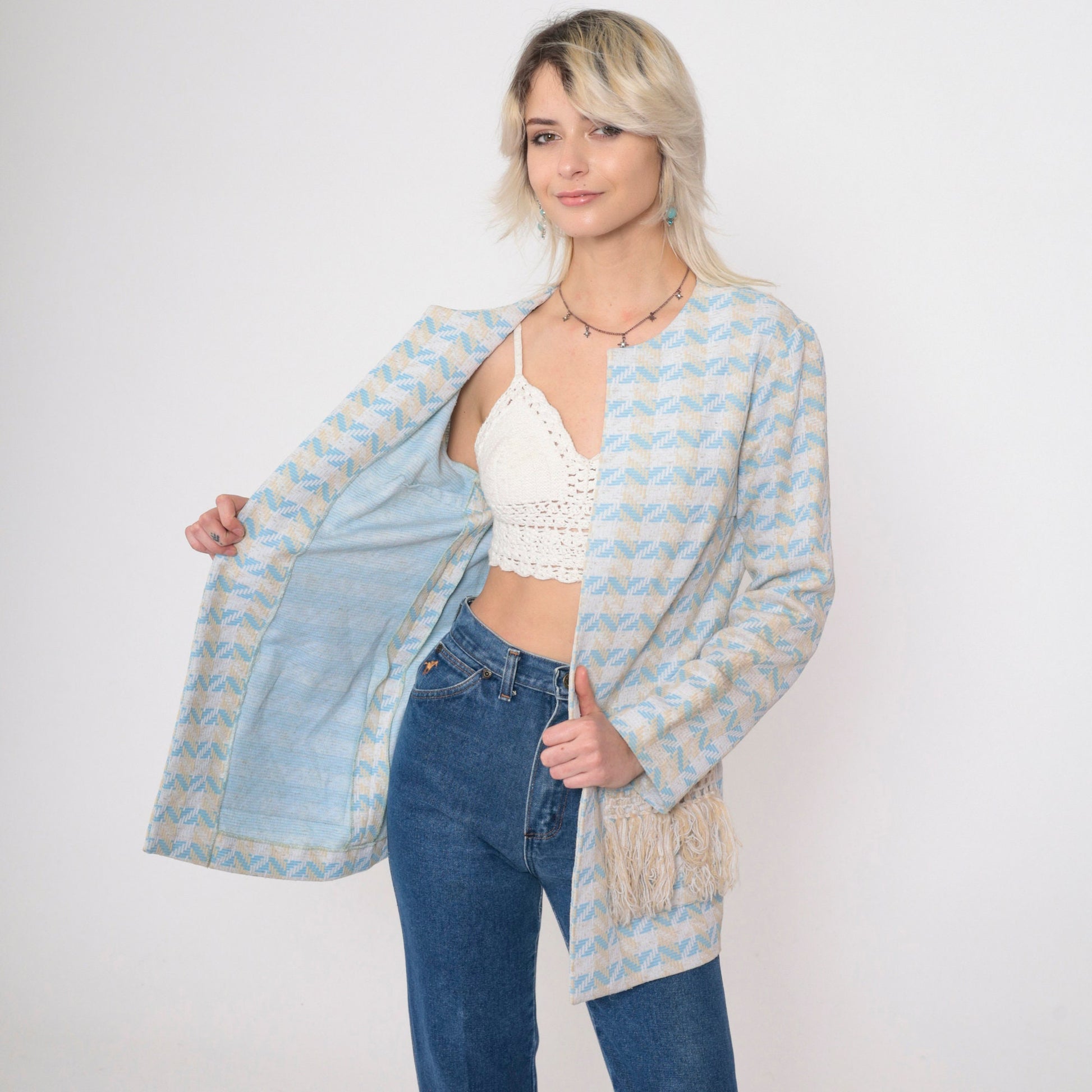 70s Nardis of Dallas Baby Blue Checkered Chevron Open Front Jacket Small Medium
