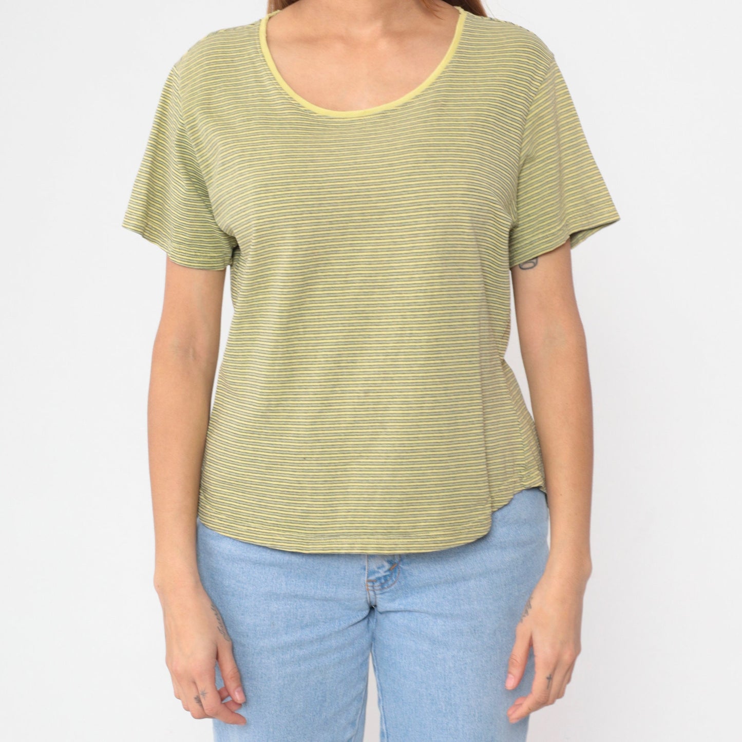 90s Gramicci Striped Yellow Scoop Neck T-Shirt Cotton Short Sleeve Large