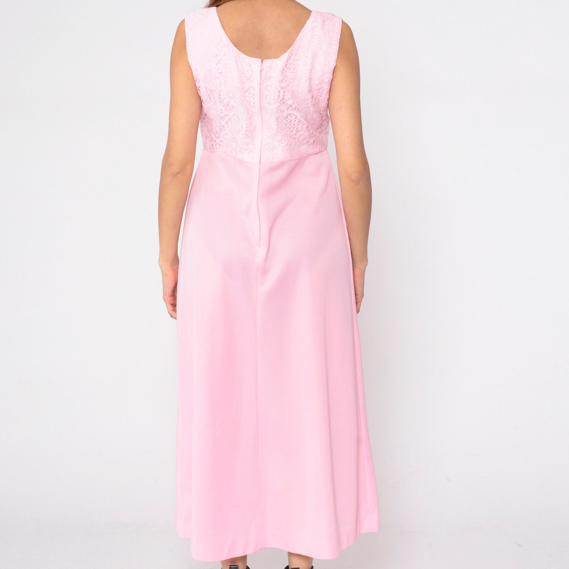 70s Pink Lace Maxi Dress High Waist Scoop Neck Sleeveless Medium