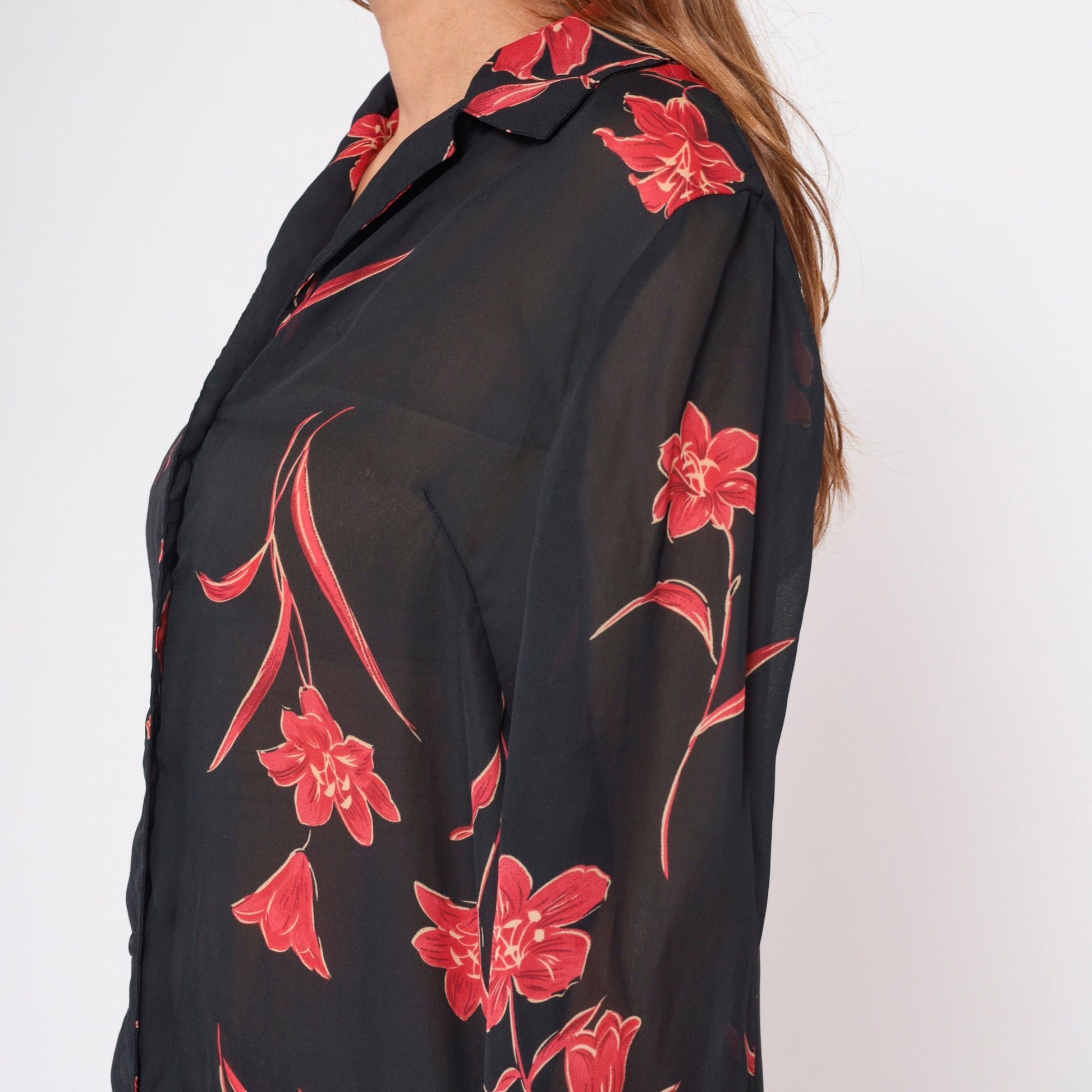 90s Black Floral Button-Up Shirt Red Print Long Sleeve Side Slit Small