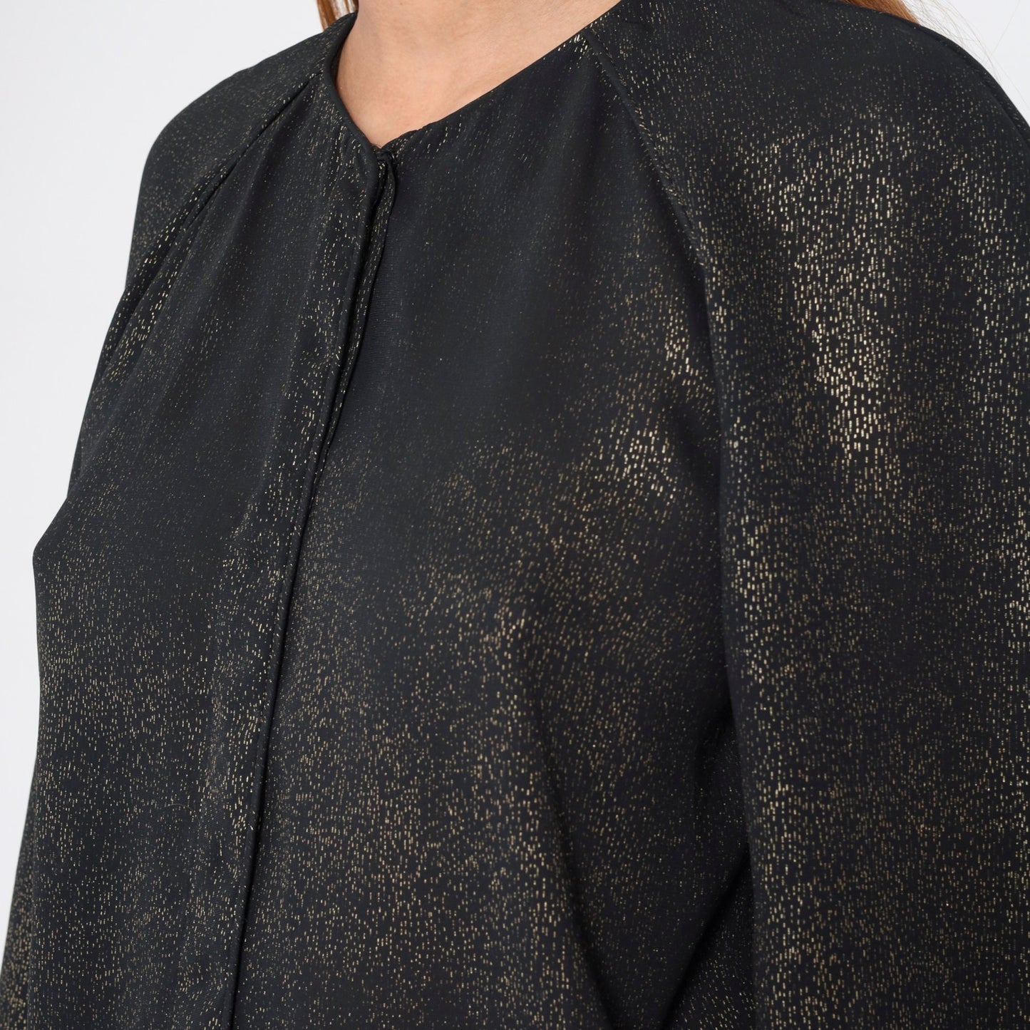 90s Metallic Black Gold Blouse Hidden Button Puff Sleeve Fitted Small S
