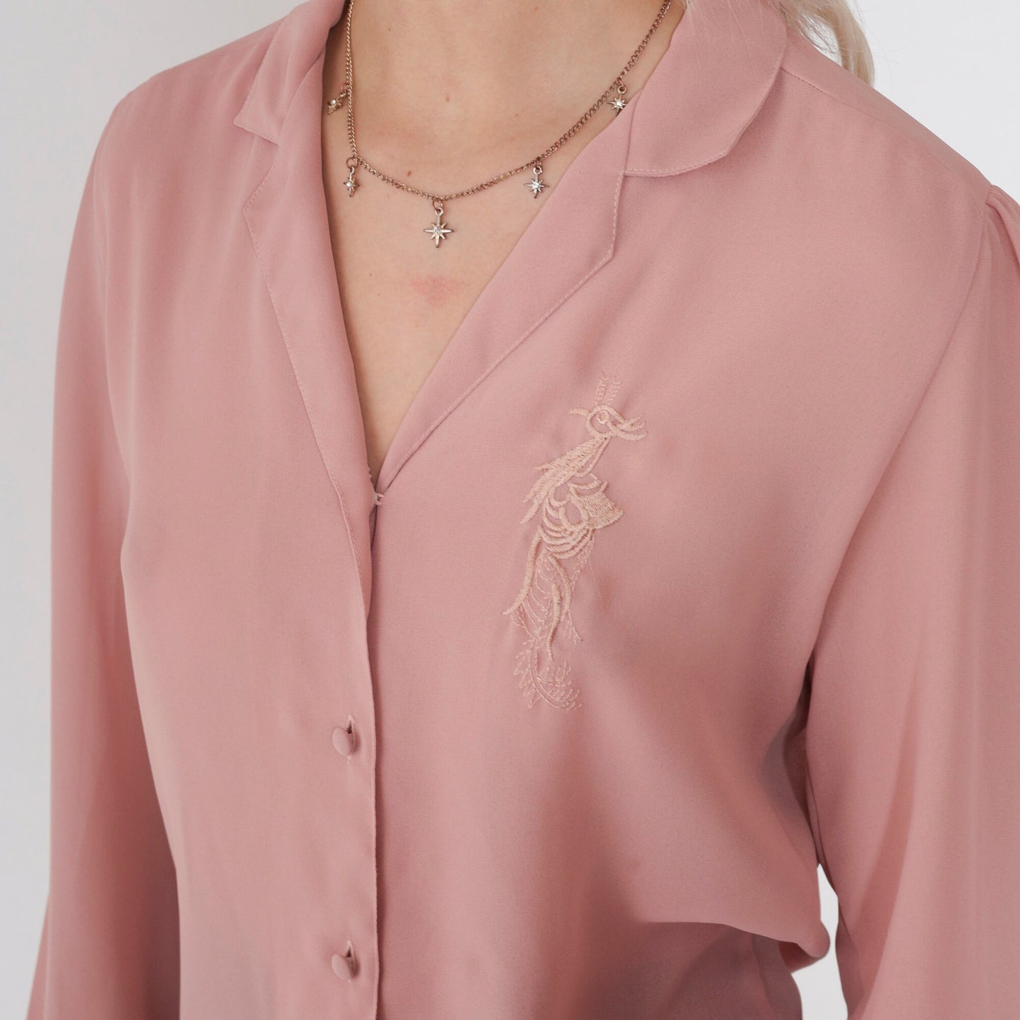 80s Blush Pink Embroidered Peacock Button-Up Blouse Long Sleeve Small