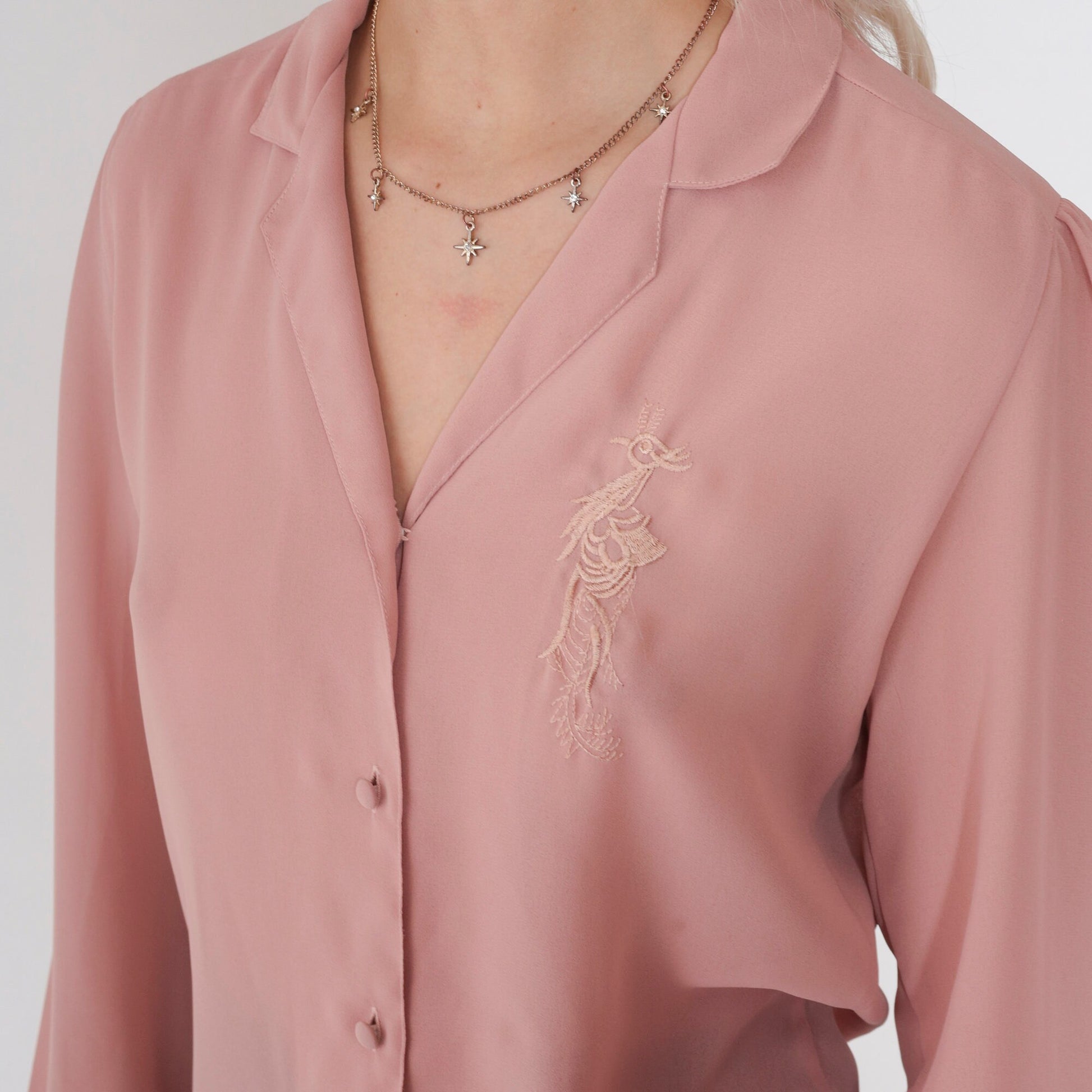 80s Blush Pink Embroidered Peacock Button-Up Blouse Long Sleeve Small