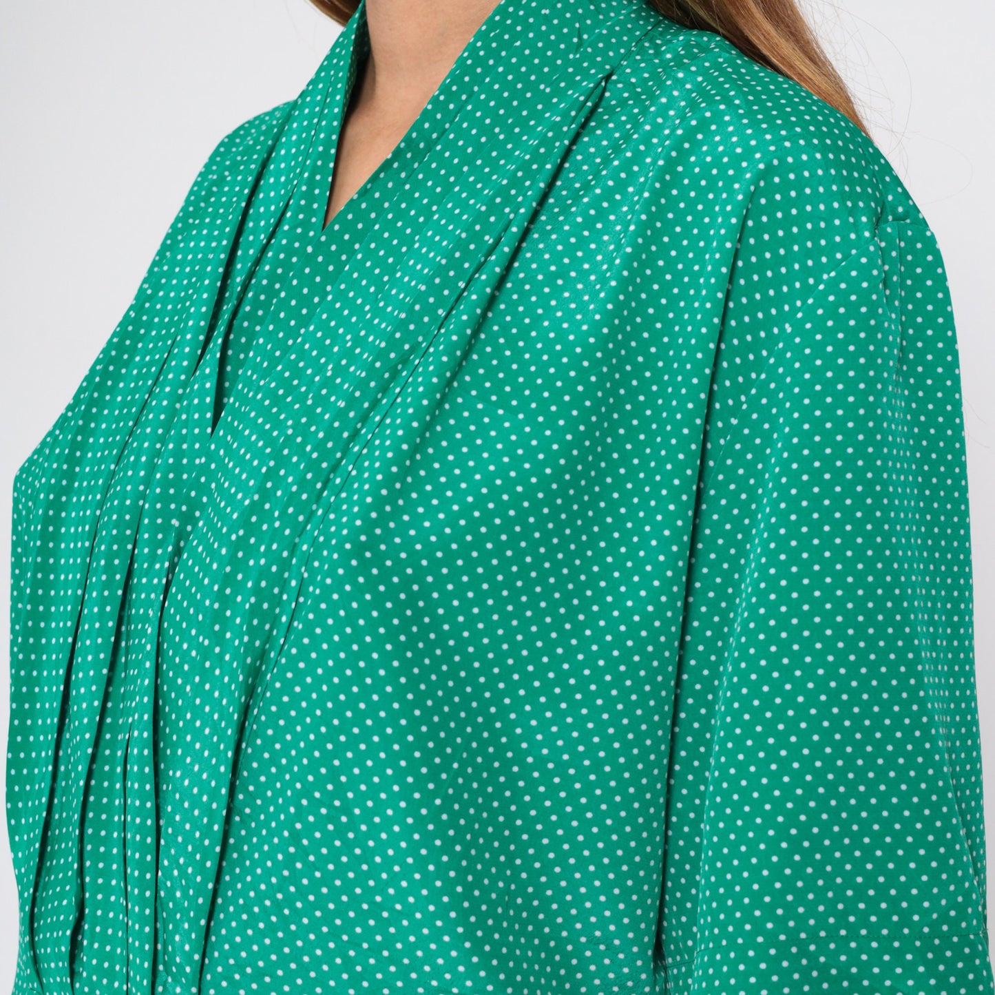 90s Green Polka Dot Blouse V-Neck Pleated Short Sleeve Shirt Large L