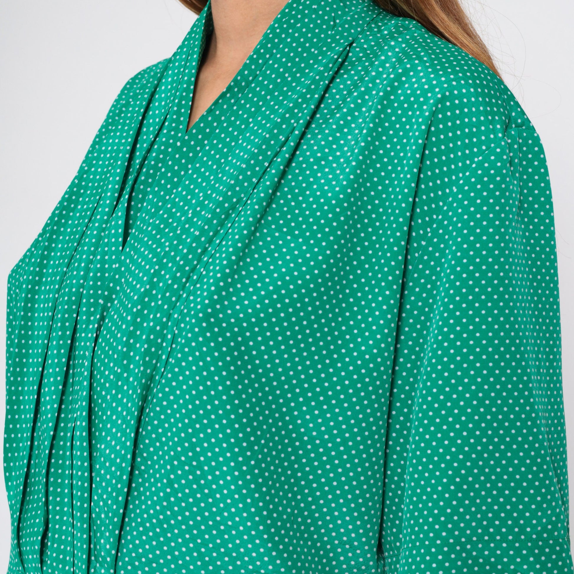 90s Green Polka Dot Blouse V-Neck Pleated Short Sleeve Shirt Large L
