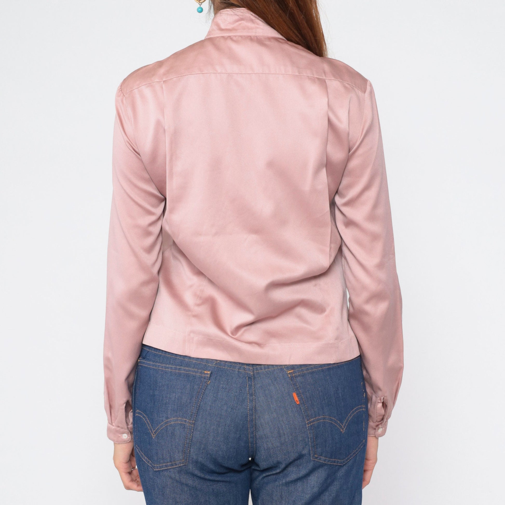 90s Ellen Tracy Pink Pleated Blouse Mock Neck Long Sleeve Medium