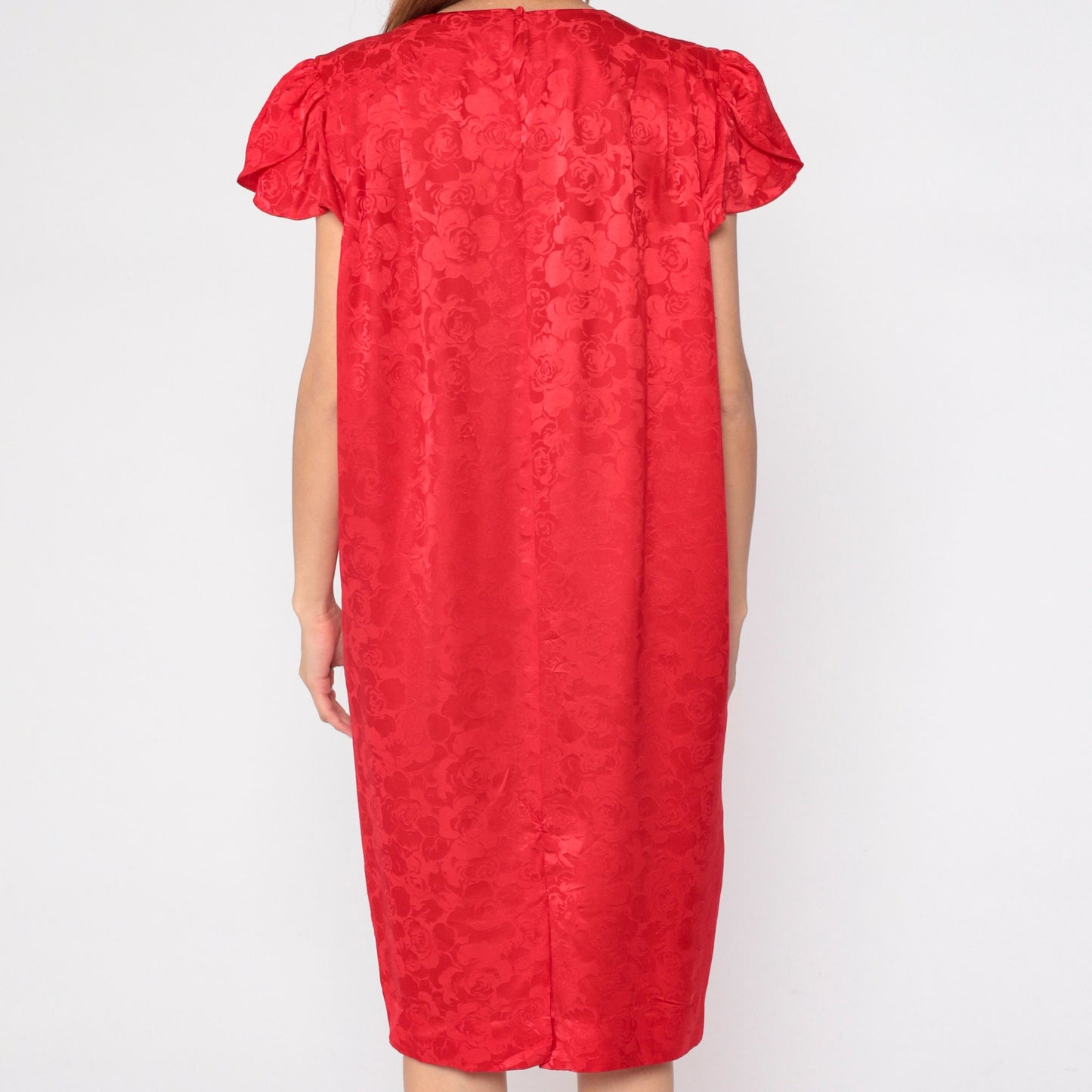 80s Lauren Alexandra Red Silk Floral Midi Dress Puff Sleeve Medium 10