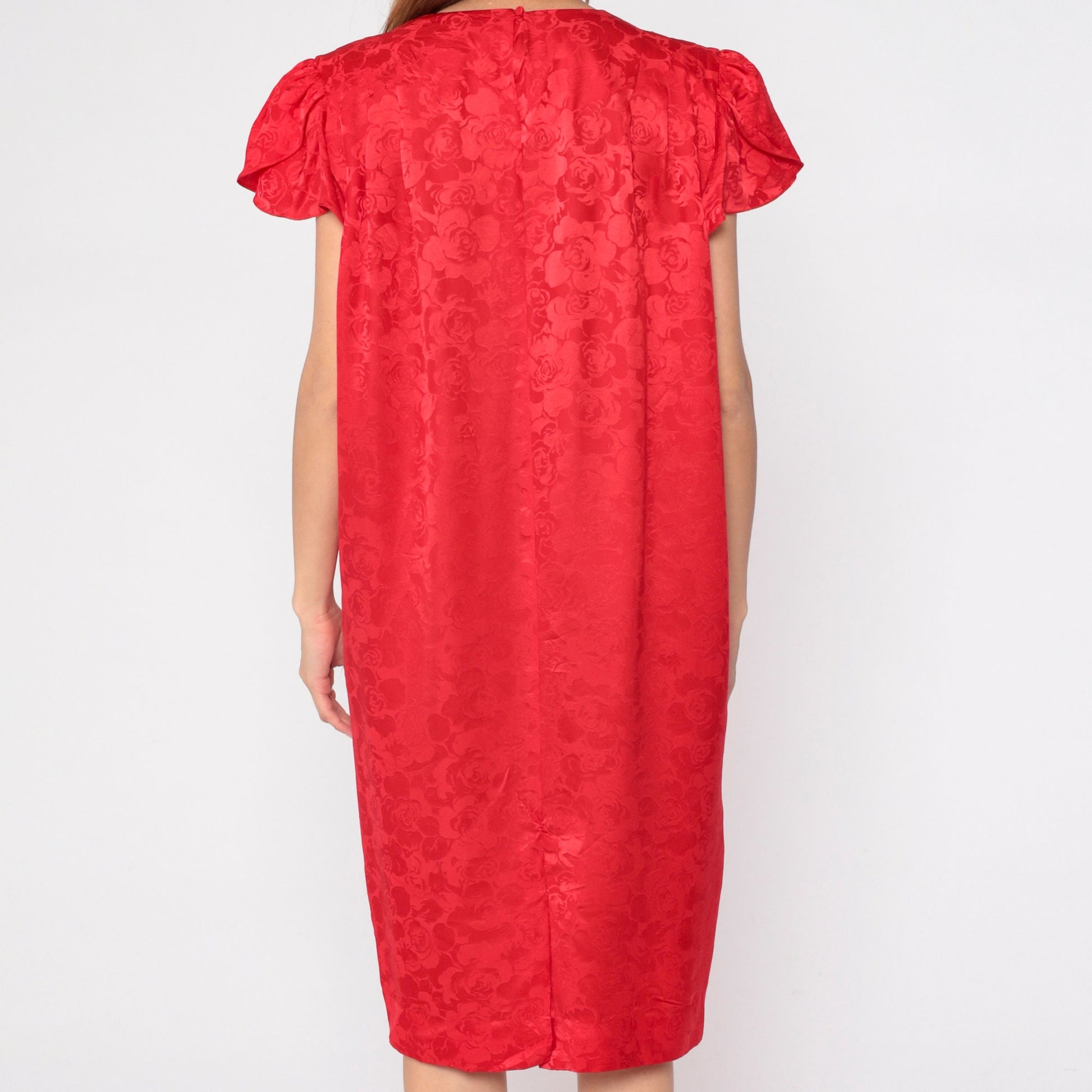 80s Lauren Alexandra Red Silk Floral Midi Dress Puff Sleeve Medium 10