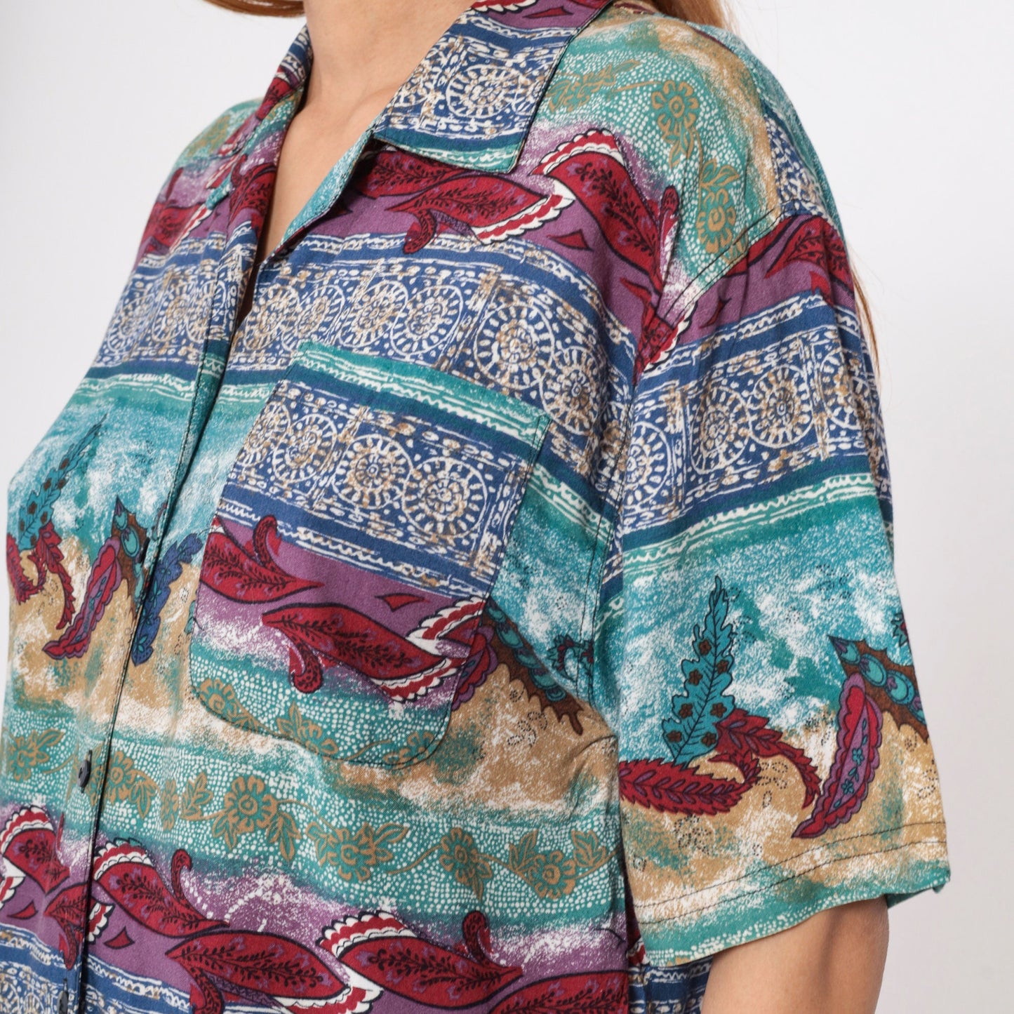 90s Indian Mandala Leaf Button-Up Blouse Short Sleeve Floral Print Blue Red Medium M
