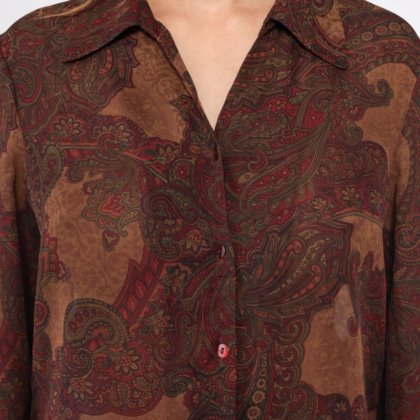 90s Kasper Paisley Button-Up Blouse Brown Long Sleeve Medium