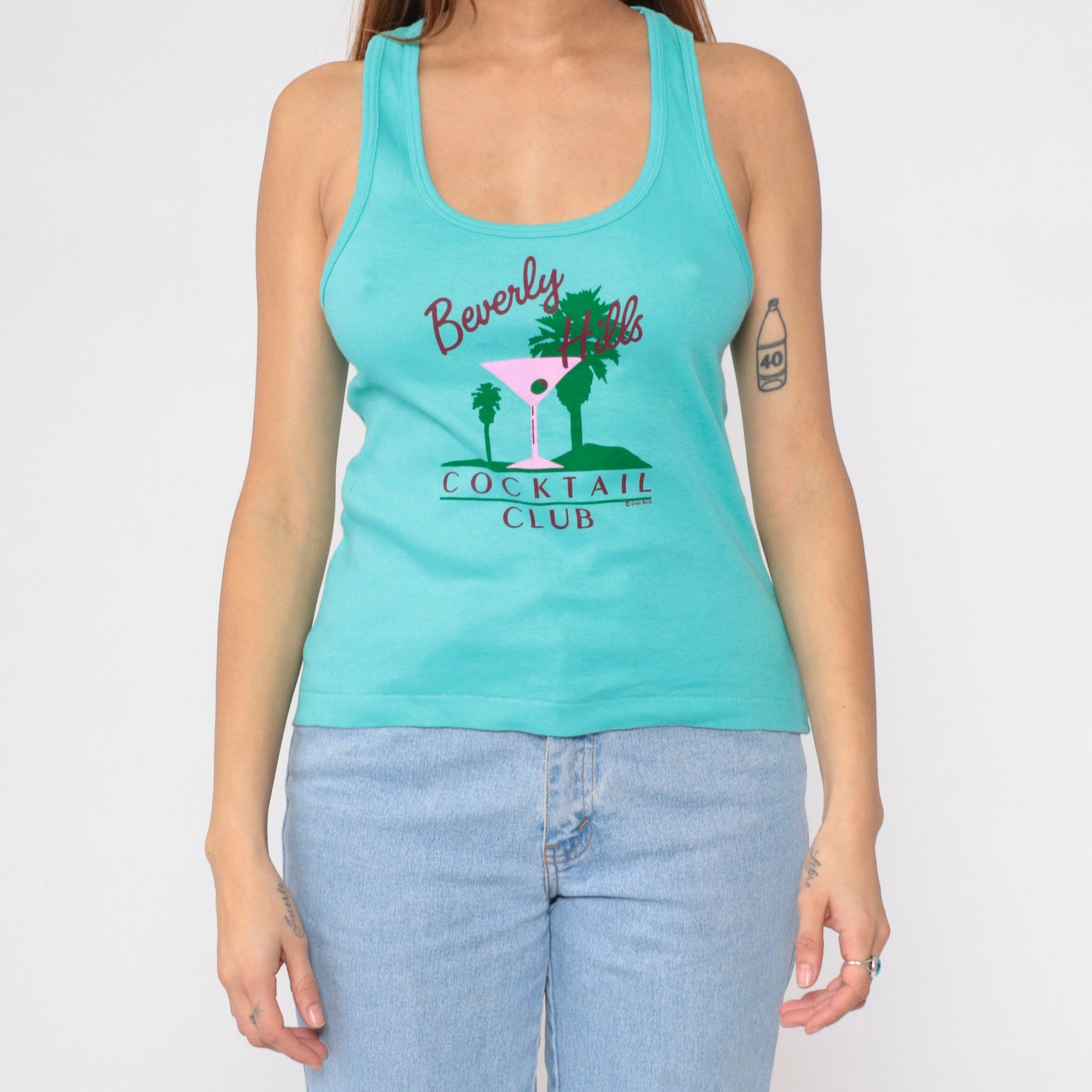 90s Beverly Hills Cocktail Club Tank Top Blue Graphic Tee Small