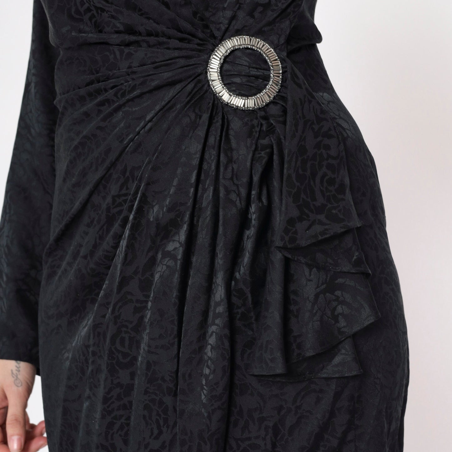 80s Argenti Black Silk Floral Jacquard Wrap Dress Midi Dolman Sleeve Medium 8
