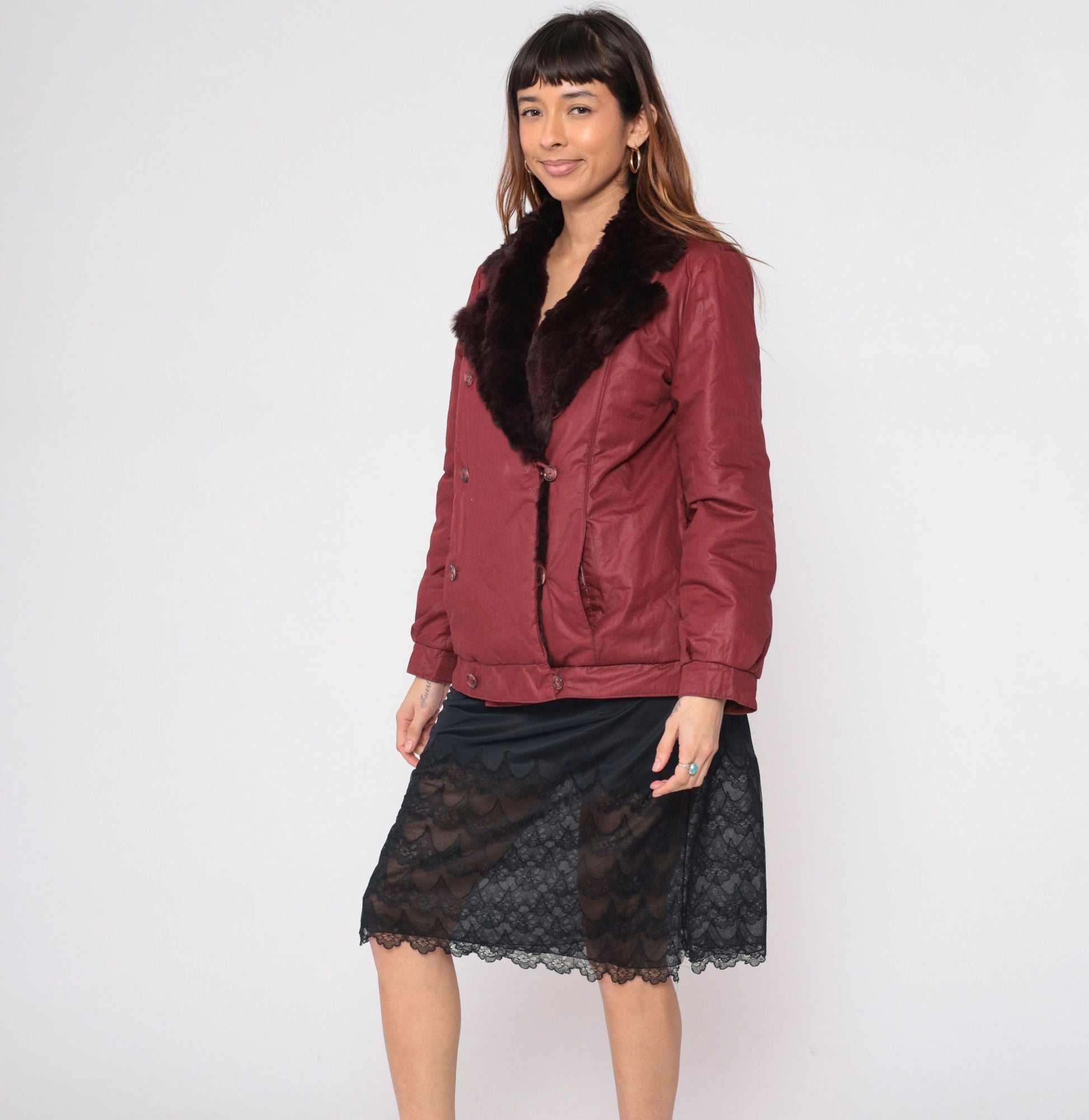 80s Burgundy Fur Double Breasted Pea Coat Reversible Medium