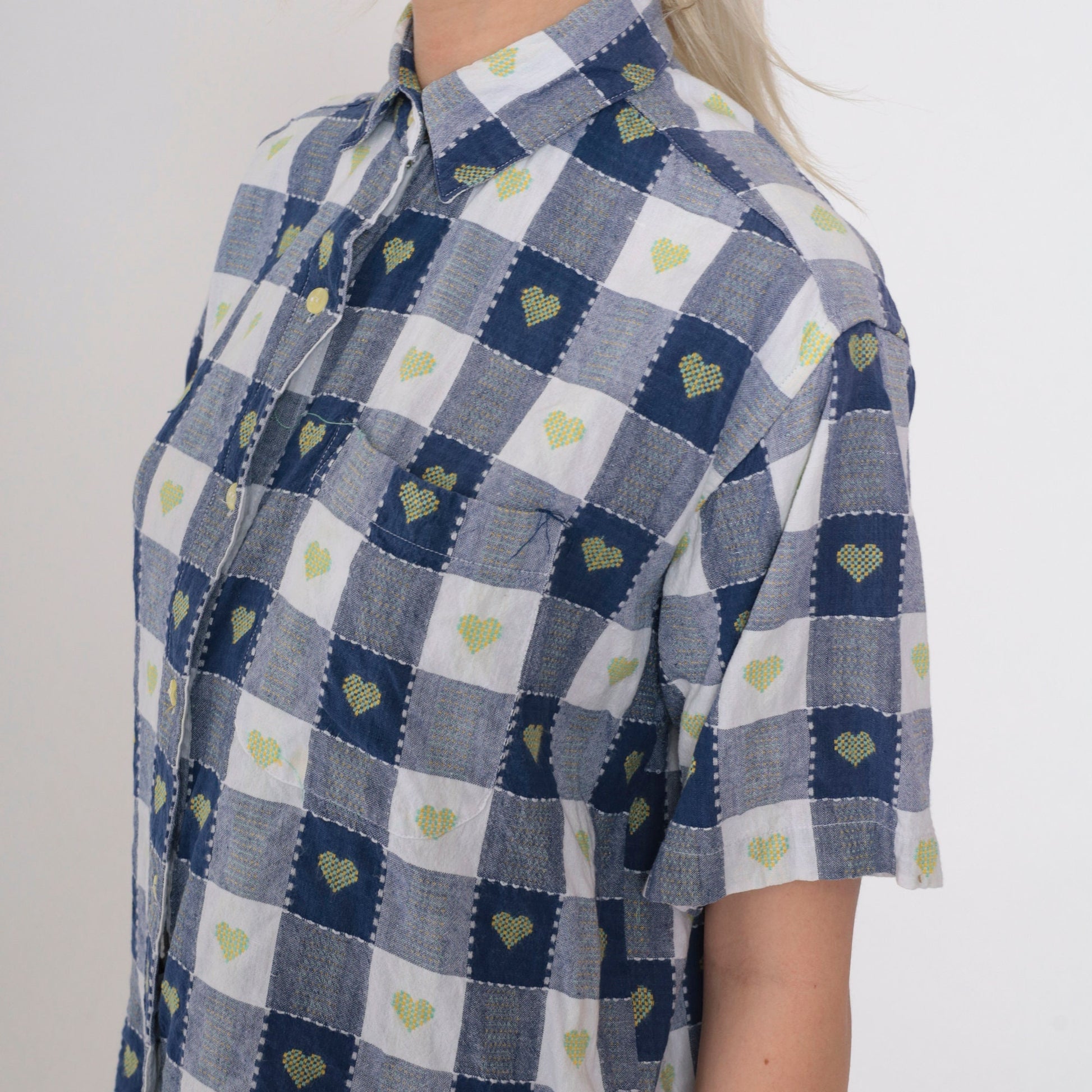 90s Blue Buffalo Plaid Shirt Embroidered Hearts Button Up Petite Medium