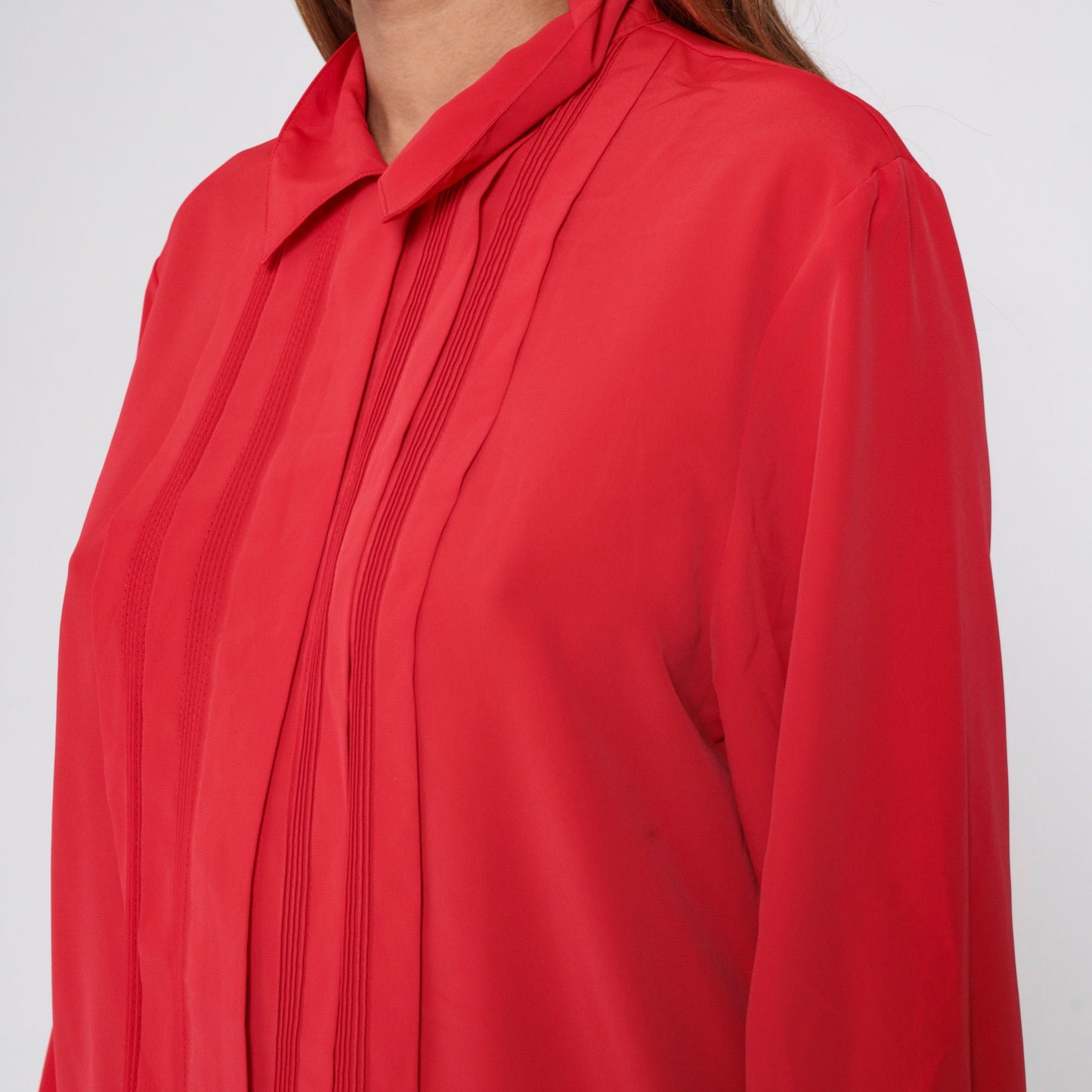 90s Red Pleated Button-Up Blouse Collared Long Sleeve Preppy Large