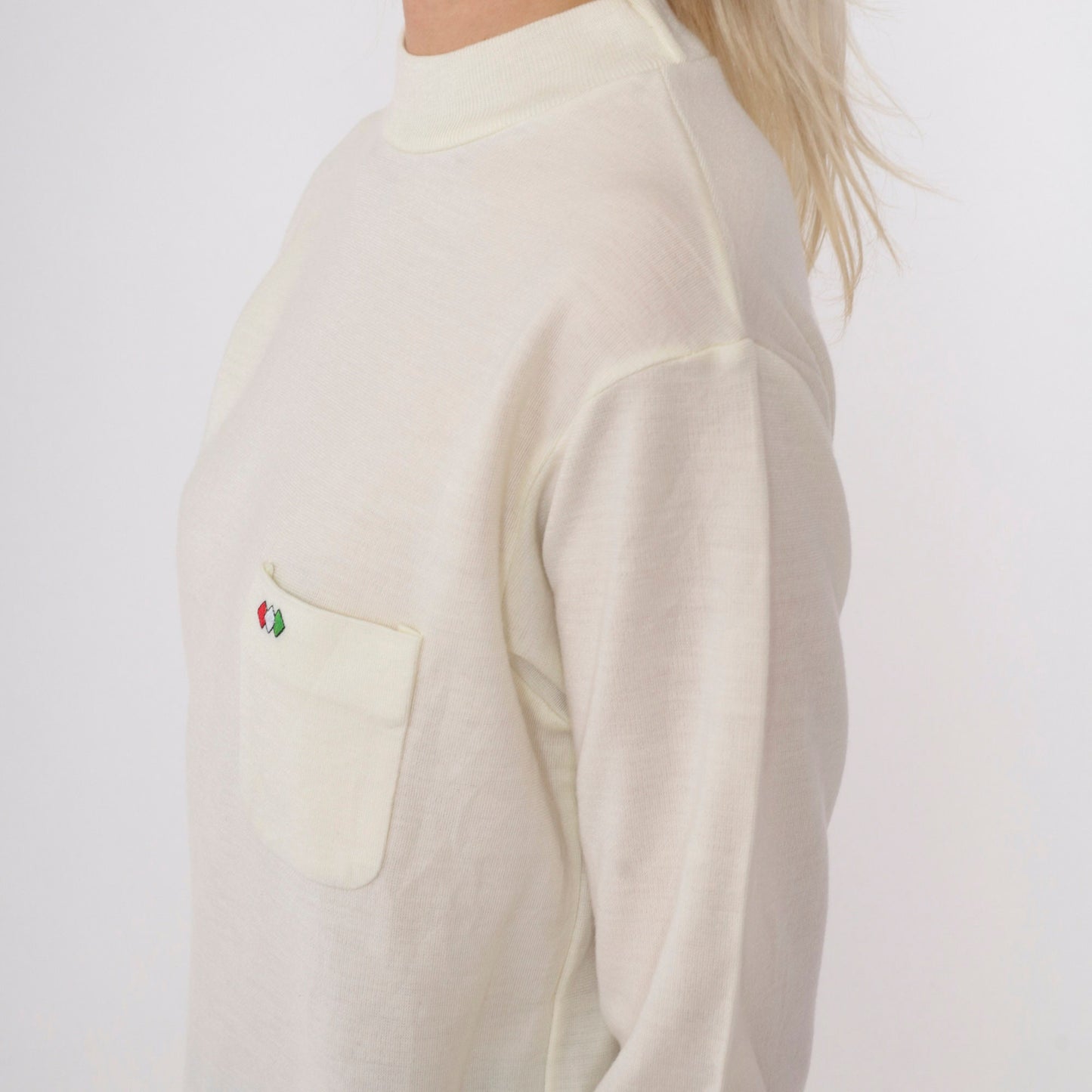 80s Mock Neck Shirt Cream Diamond Pocket Long Sleeve Top Small