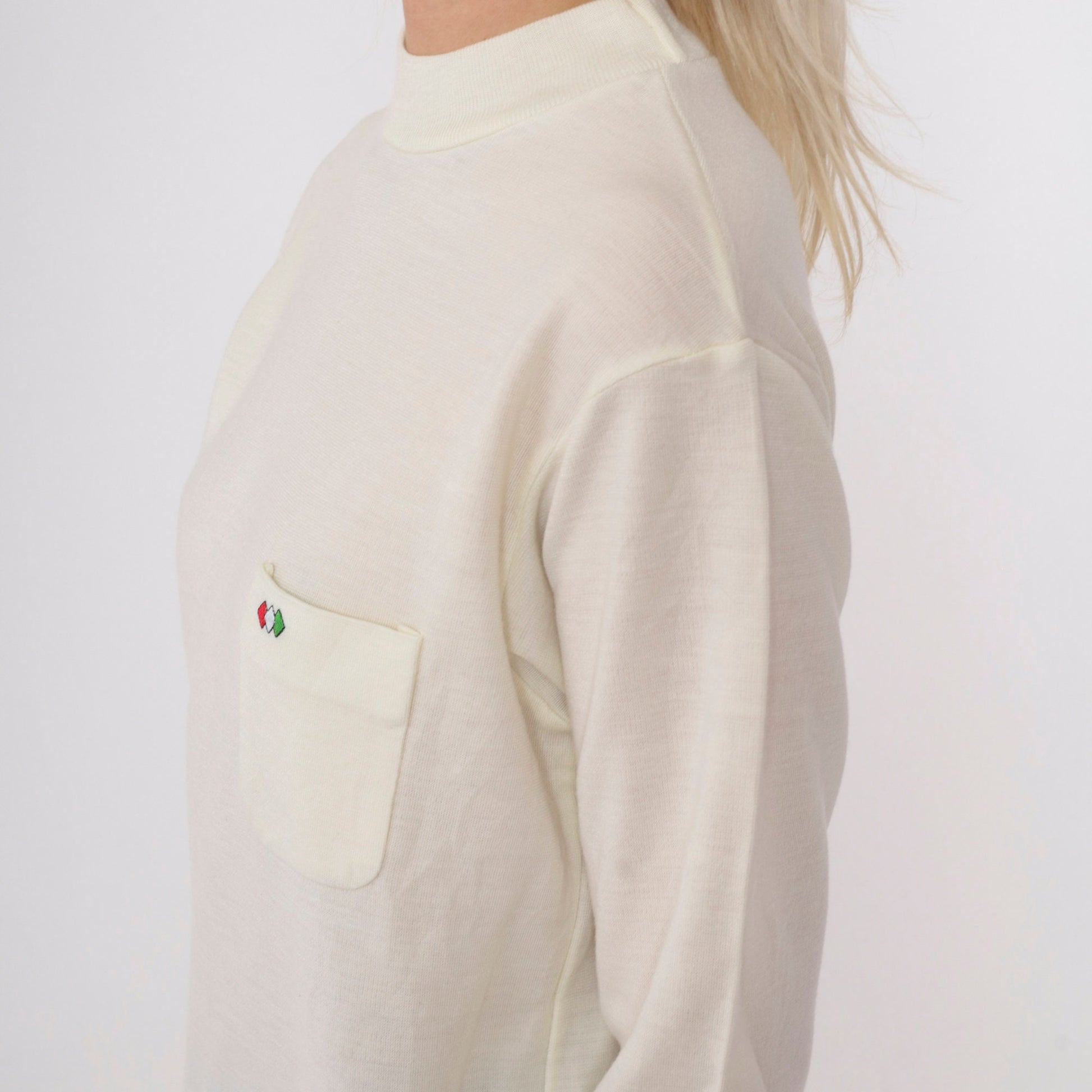 80s Mock Neck Shirt Cream Diamond Pocket Long Sleeve Top Small