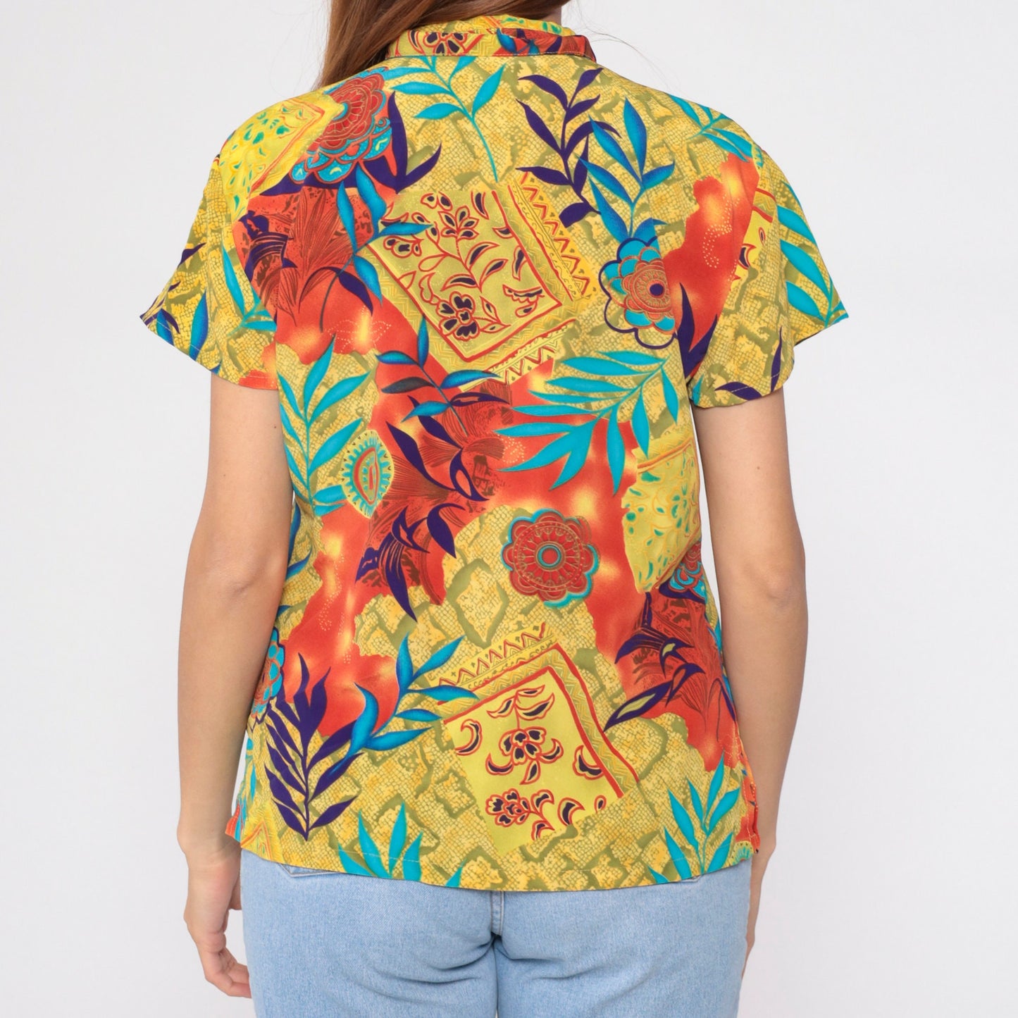 90s Mixed Print Button-Up Blouse Floral Snakeskin Mandala Yellow Orange Medium