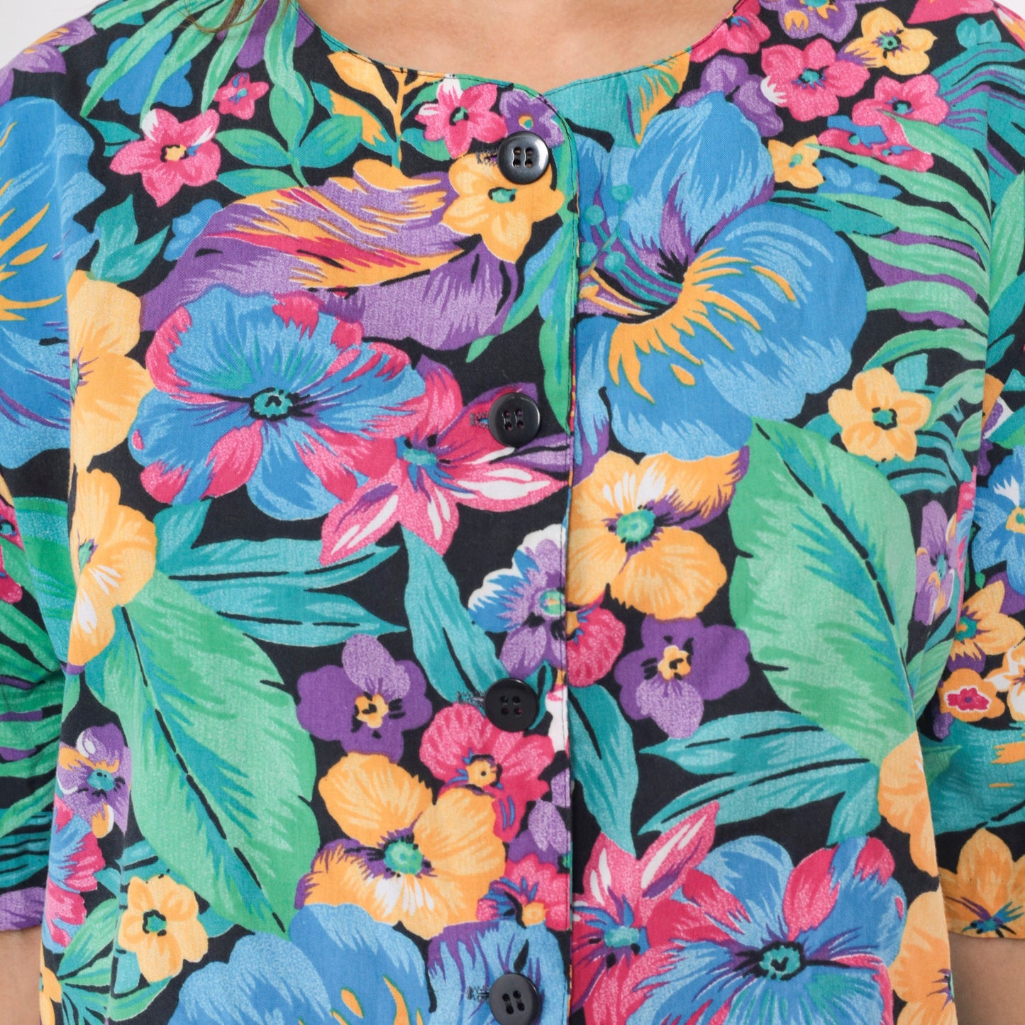 90s Black Tropical Floral Crop Top Button-Up Blouse Short Sleeve Large L