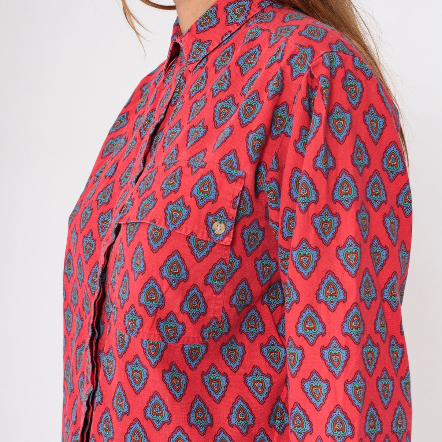 90s Heart Print Button-Up Blouse Red Floral Cotton Long Sleeve Medium M
