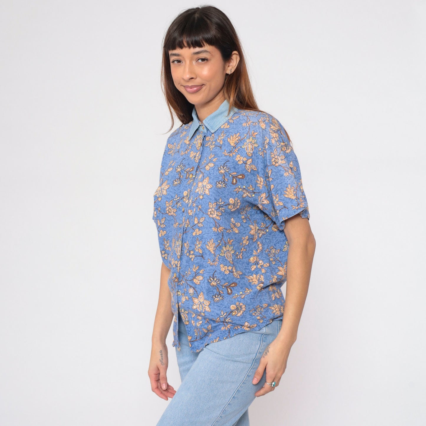 90s Blue Floral Button-Up Blouse Denim Collar Short Sleeve Small S