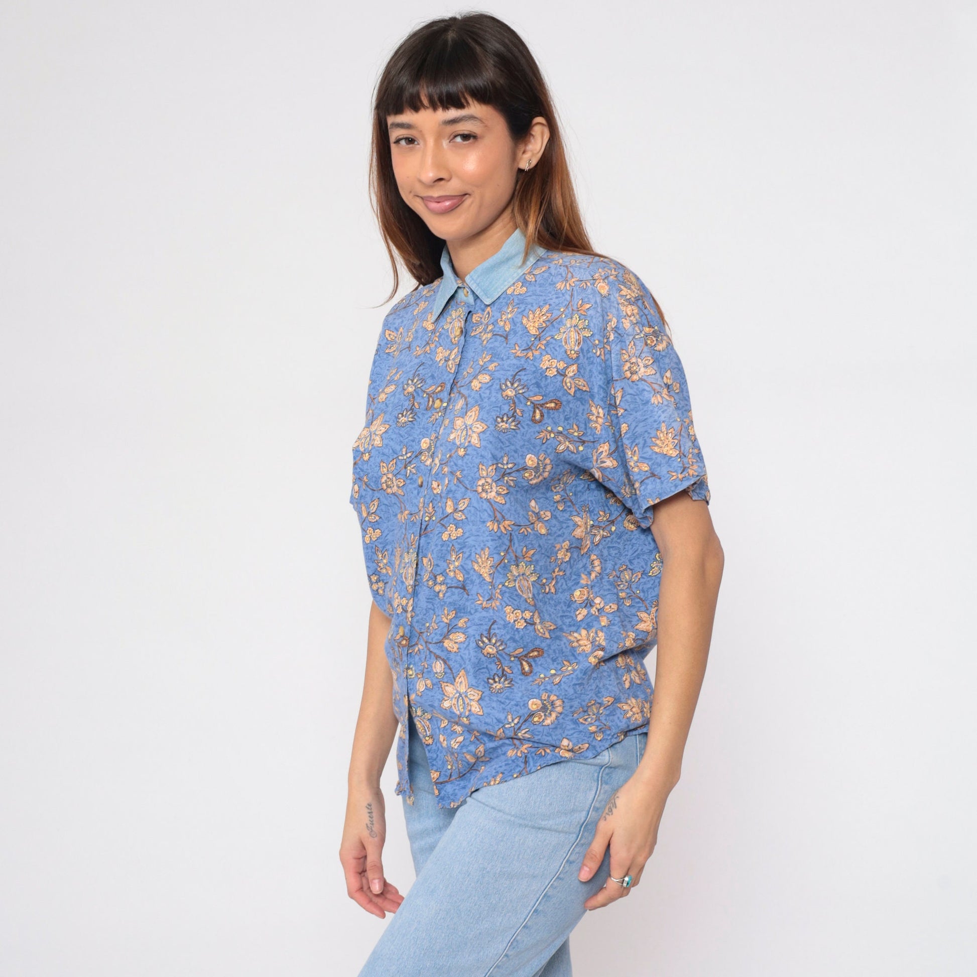 90s Blue Floral Button-Up Blouse Denim Collar Short Sleeve Small S