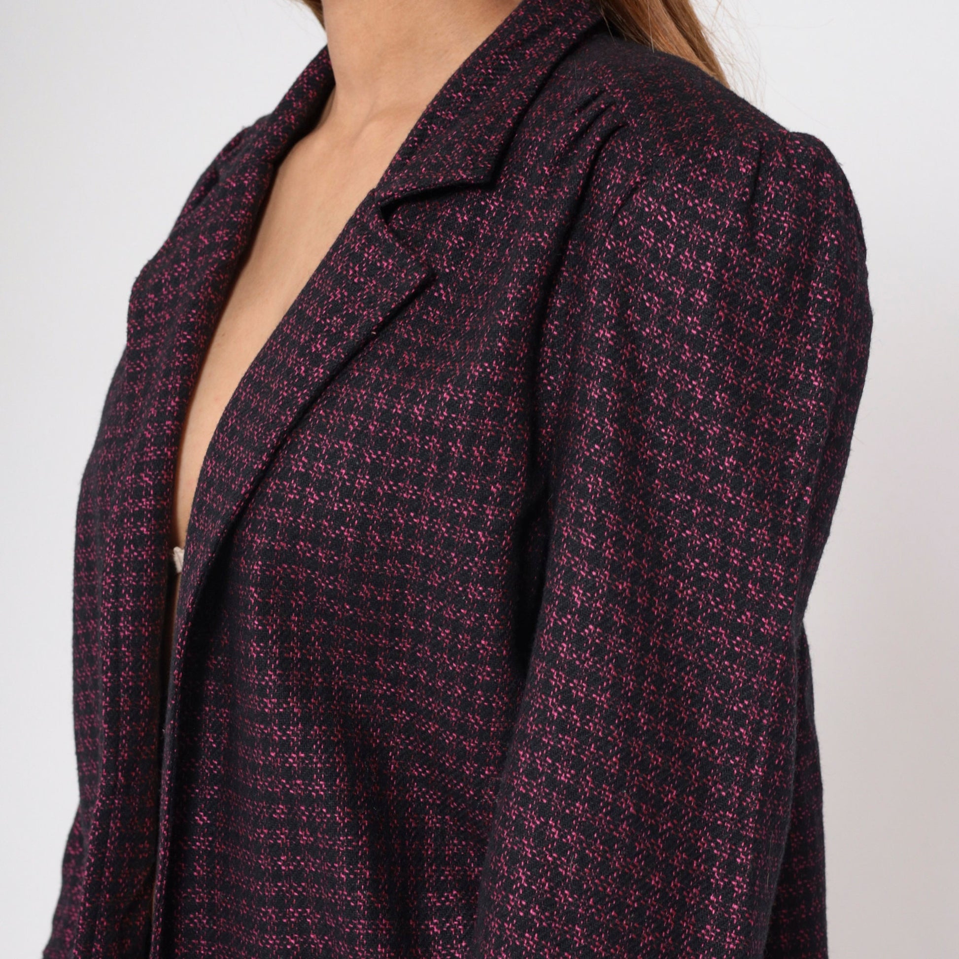 90s Metallic Checkered Blazer Pink Black Open Front Wool Blend Large L