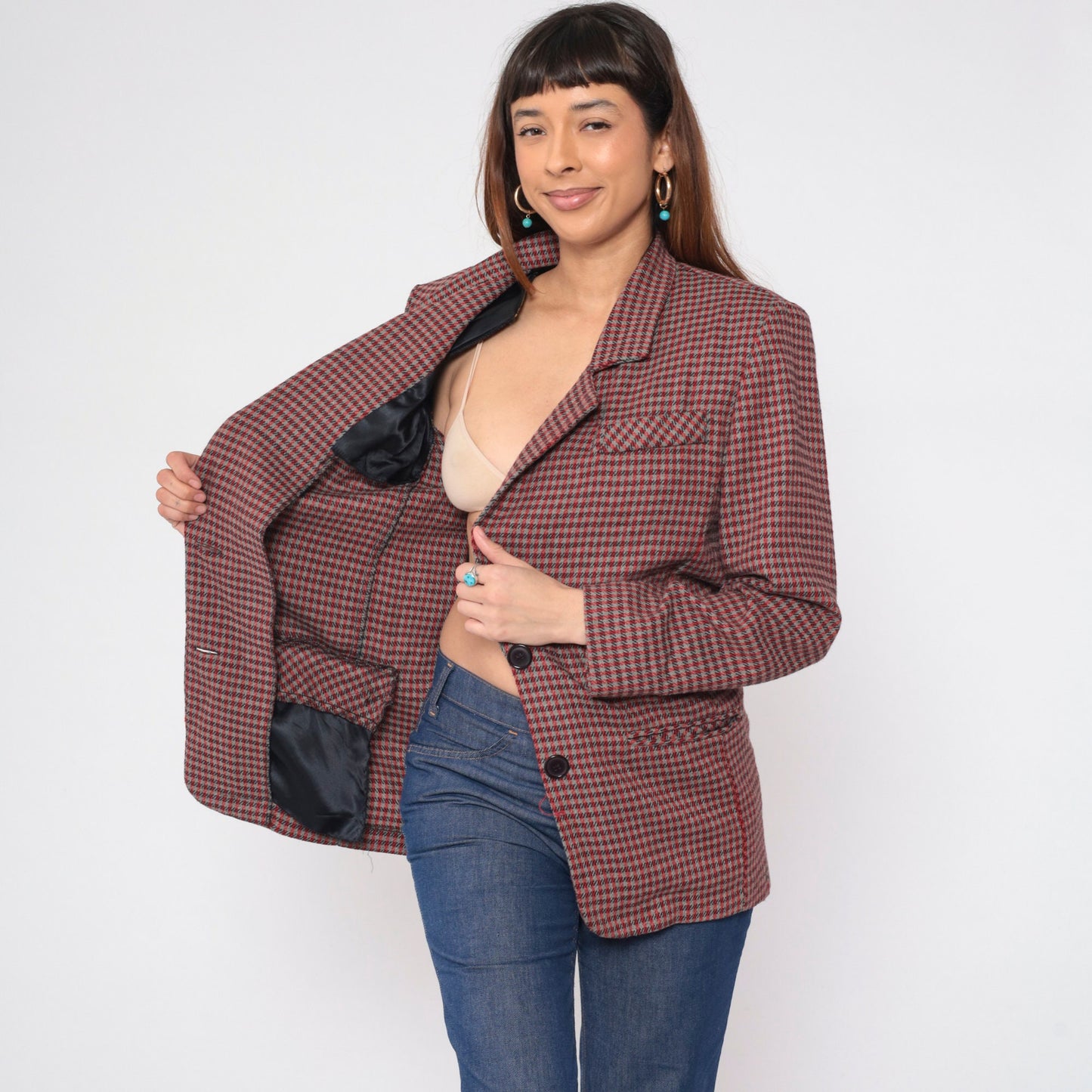 90s Rampage Plaid Blazer Red Grey Checkered Wool Blend Small
