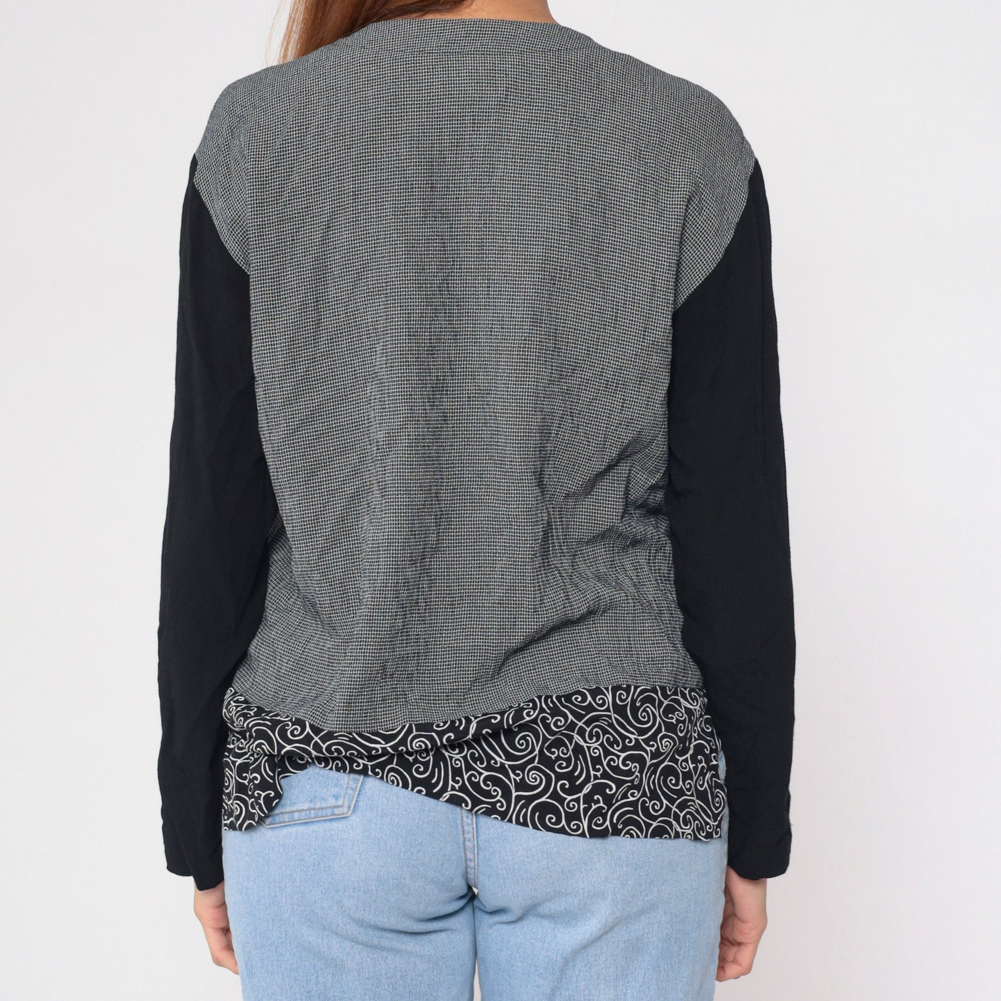90s Aimee d Black White Checkered Floral Print Blouse V Neck Long Sleeve Small