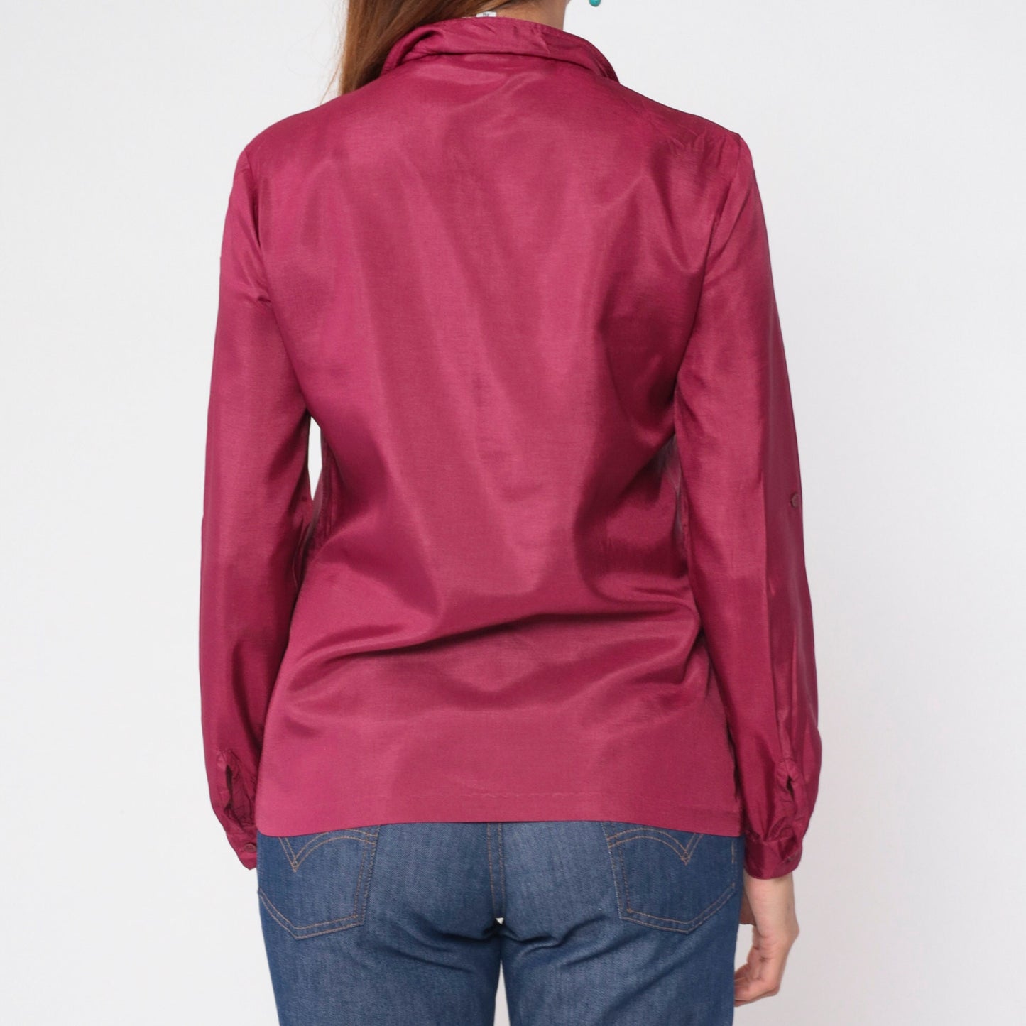 70s Berry Red Button-Up Blouse Long Sleeve Collared Shirt Chest Pockets Small S