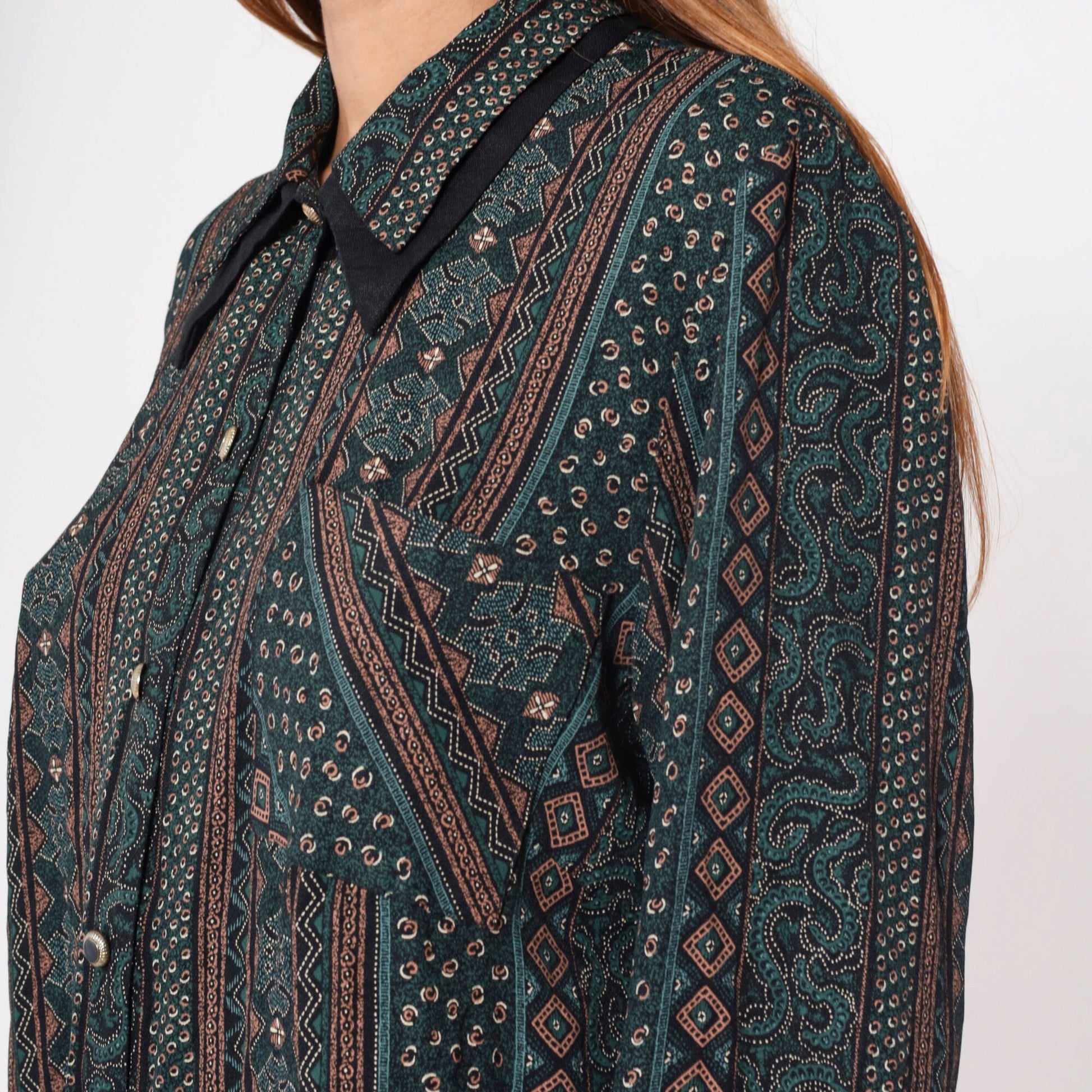 90s Striped Abstract Print Button-Up Blouse Layered Collar Long Sleeve Plus Size XXL