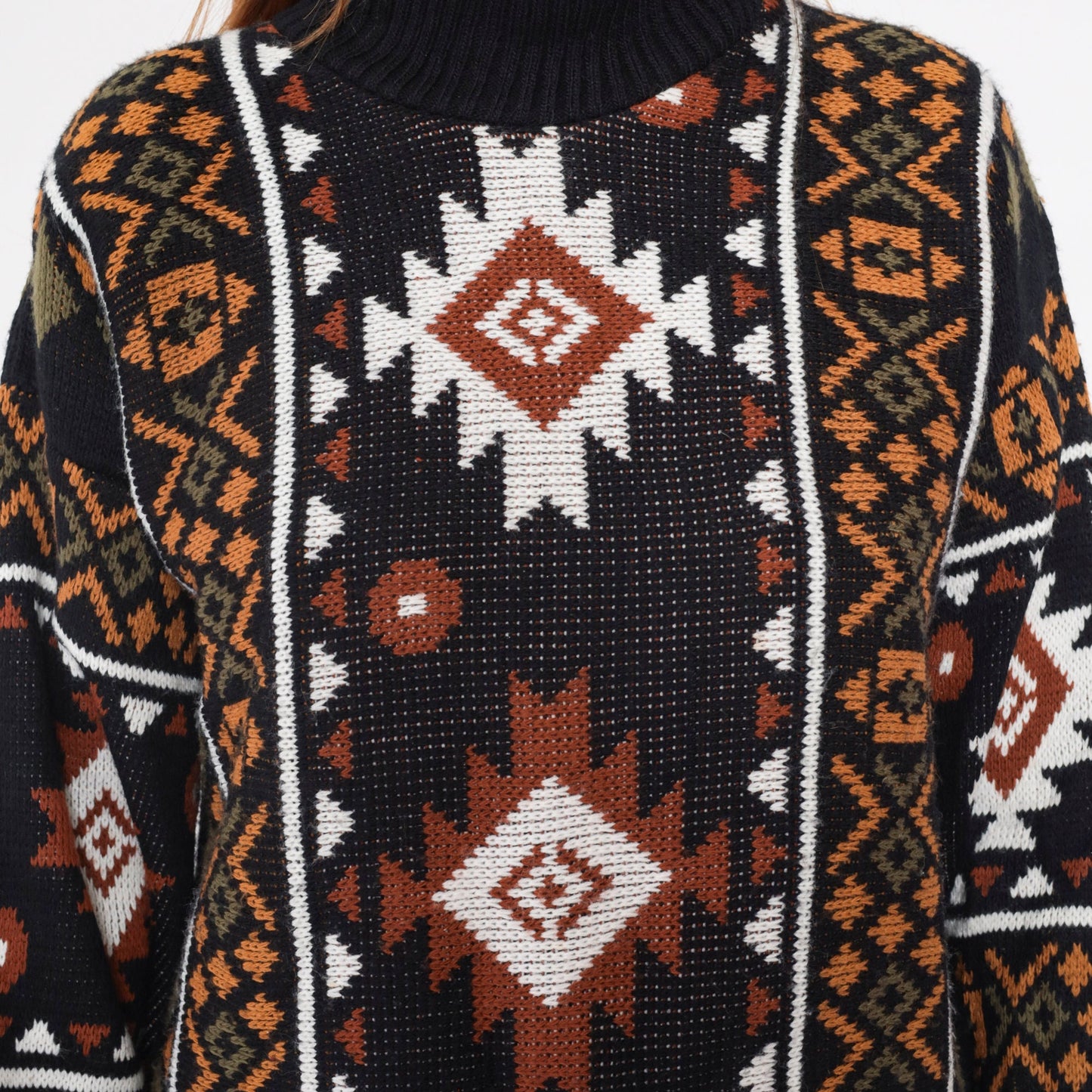 80s Southwestern Knit Turtleneck Sweater Black Geometric Print Large L